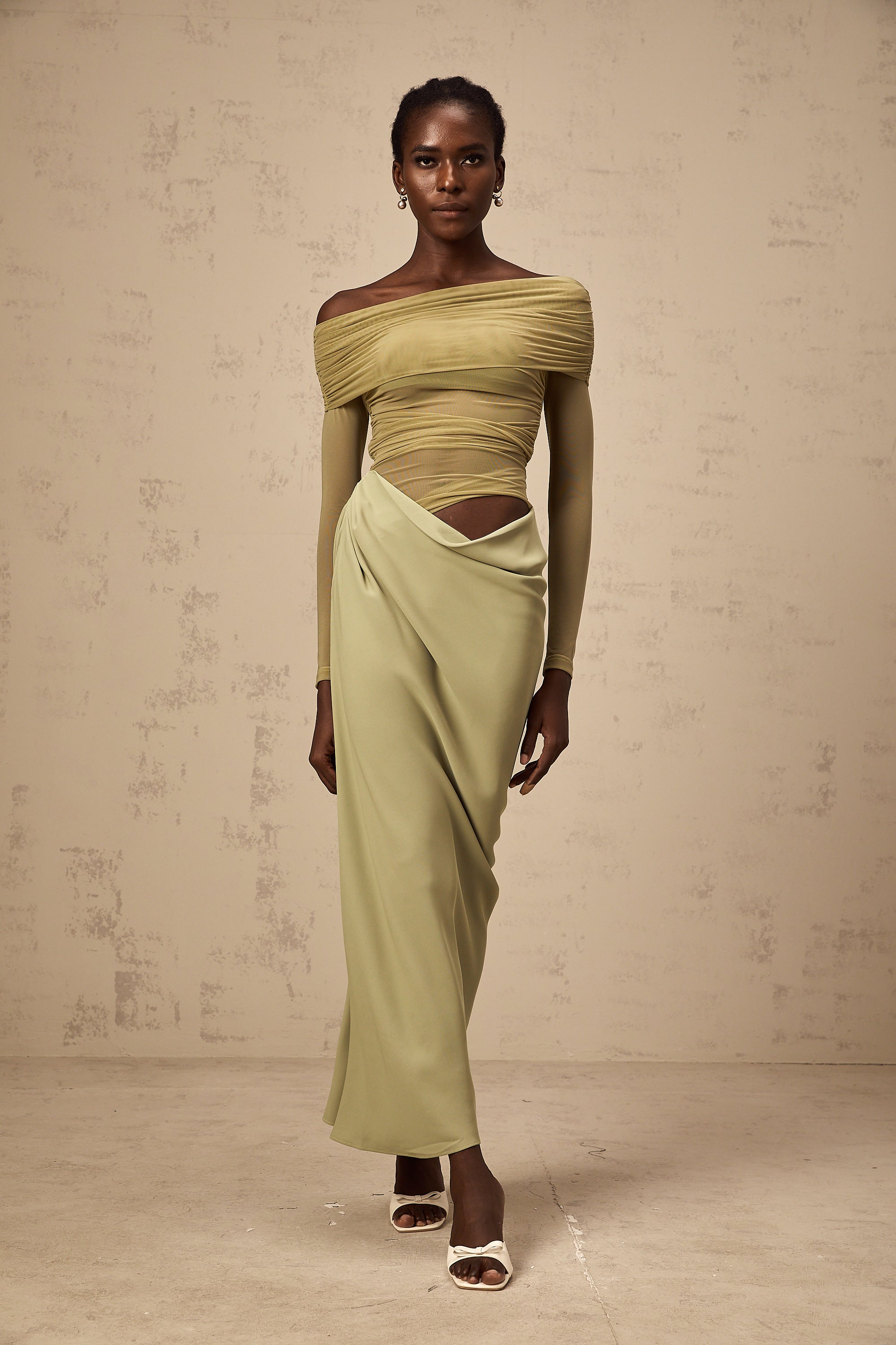 Estelle off-shoulder semi-sheer midi dress in Green (Final Sale-US Only)