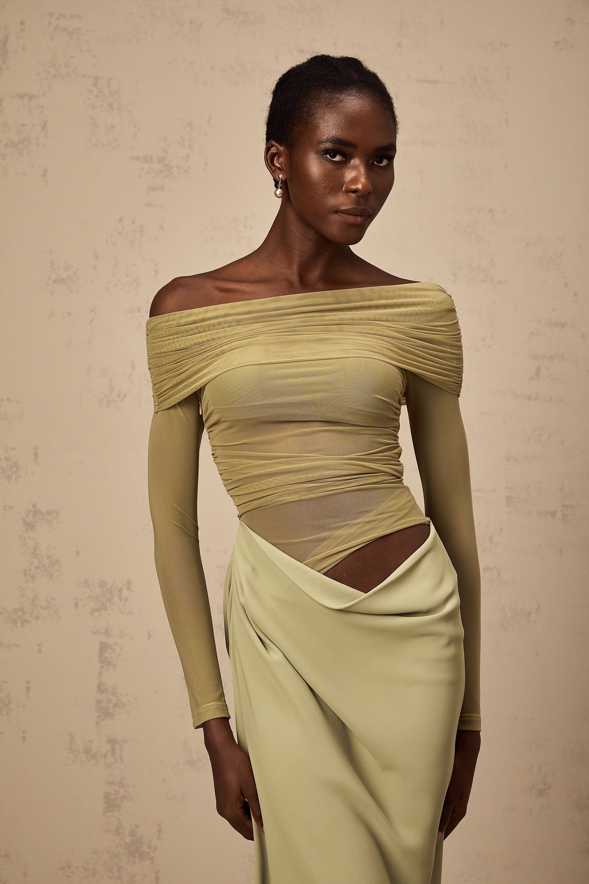 Estelle off-shoulder semi-sheer midi dress in Green (Final Sale)