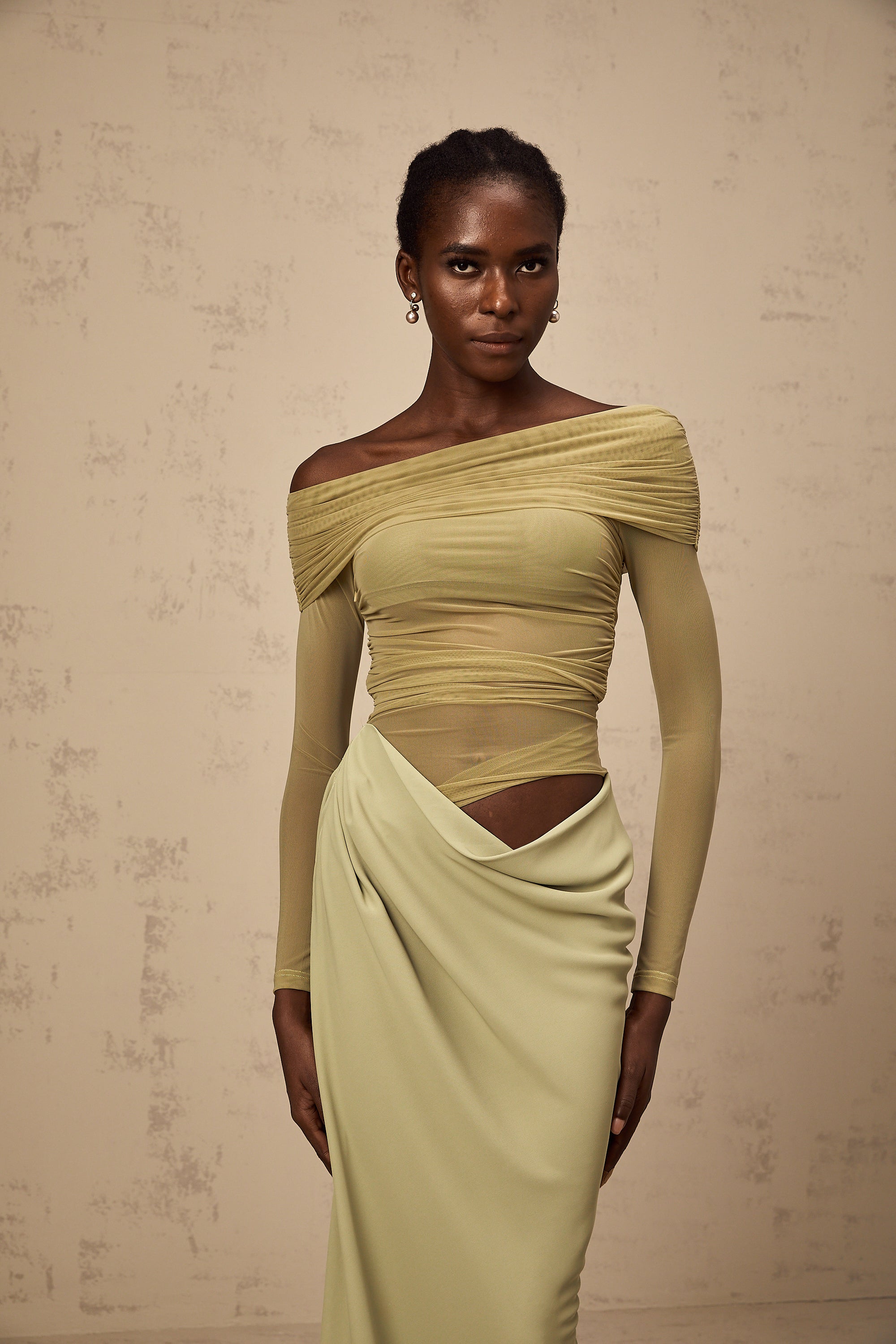 Estelle off-shoulder semi-sheer midi dress in Green (Final Sale)