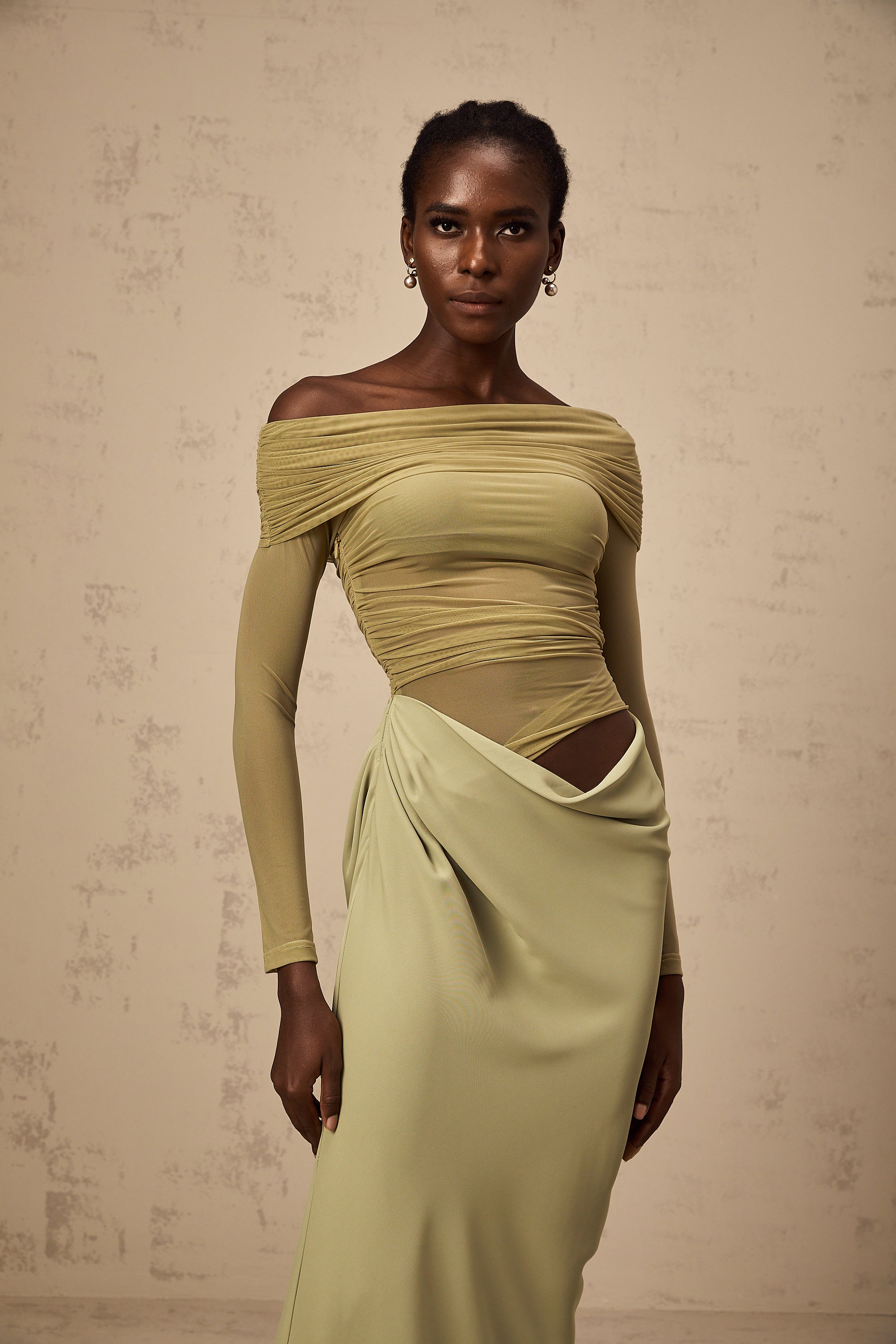 Estelle off-shoulder semi-sheer midi dress in Green (Final Sale)