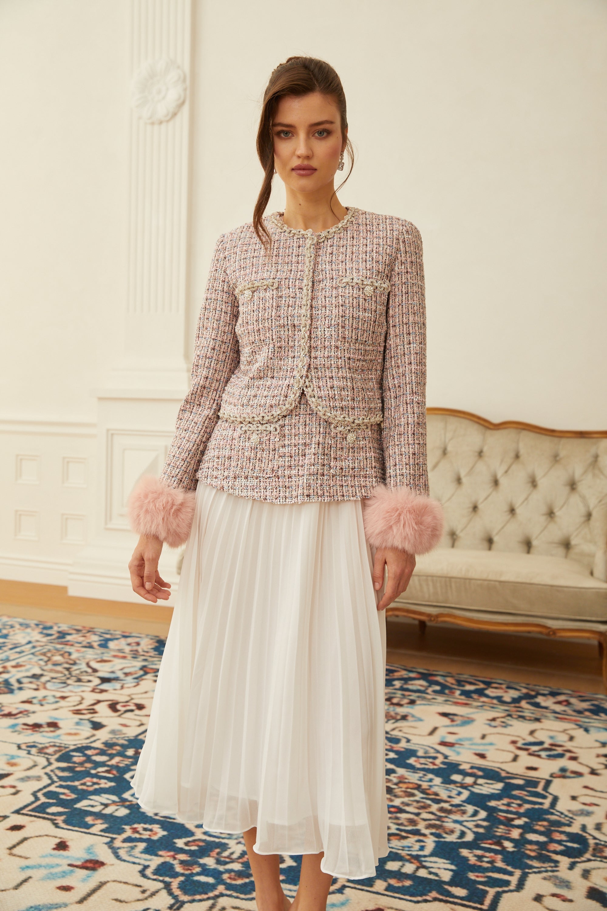Lola Pink Embellished Checked Tweed Jacket
