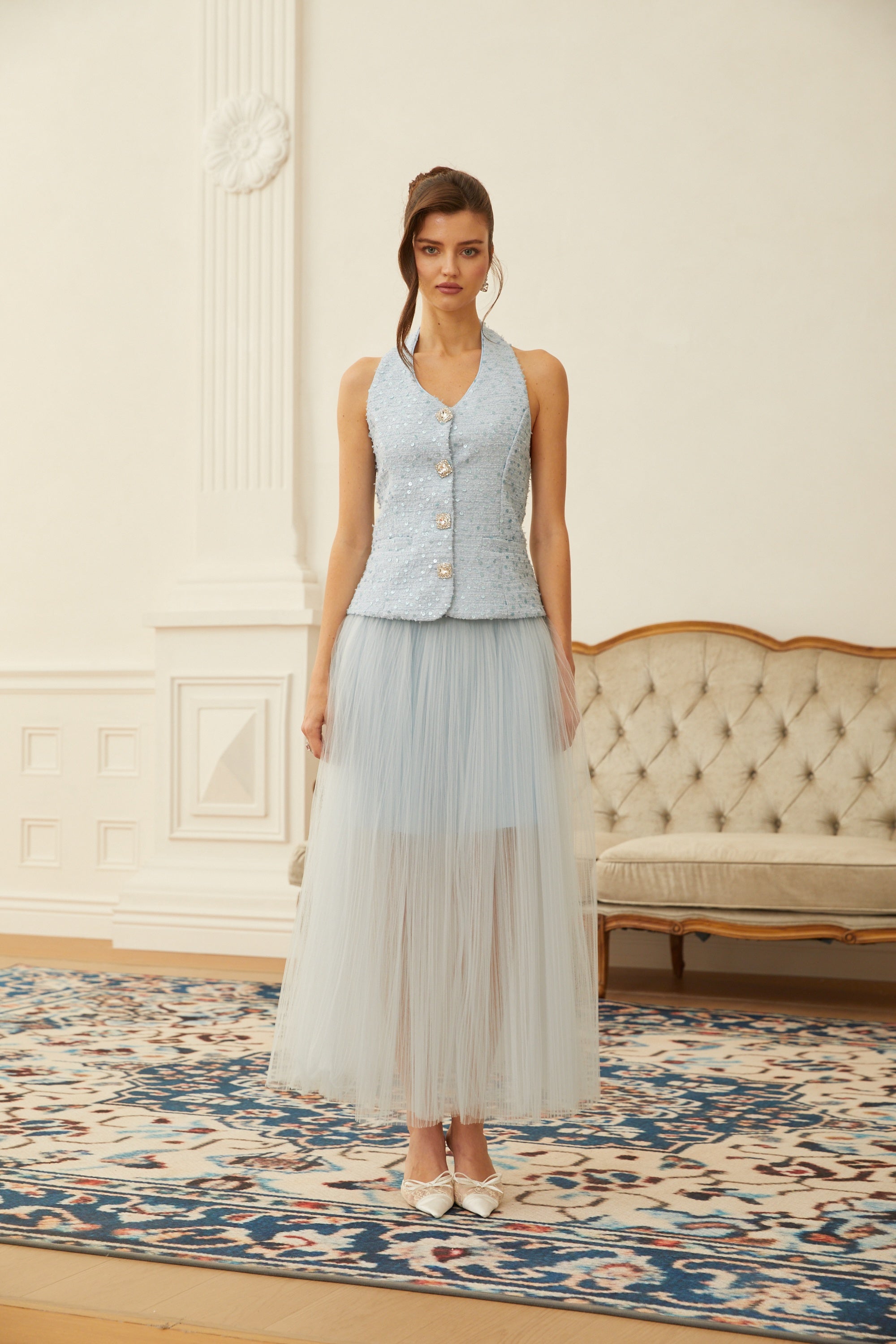 Margareta Blue Tweed Waistcoat & Tulle Skirt Set (Final Sale)