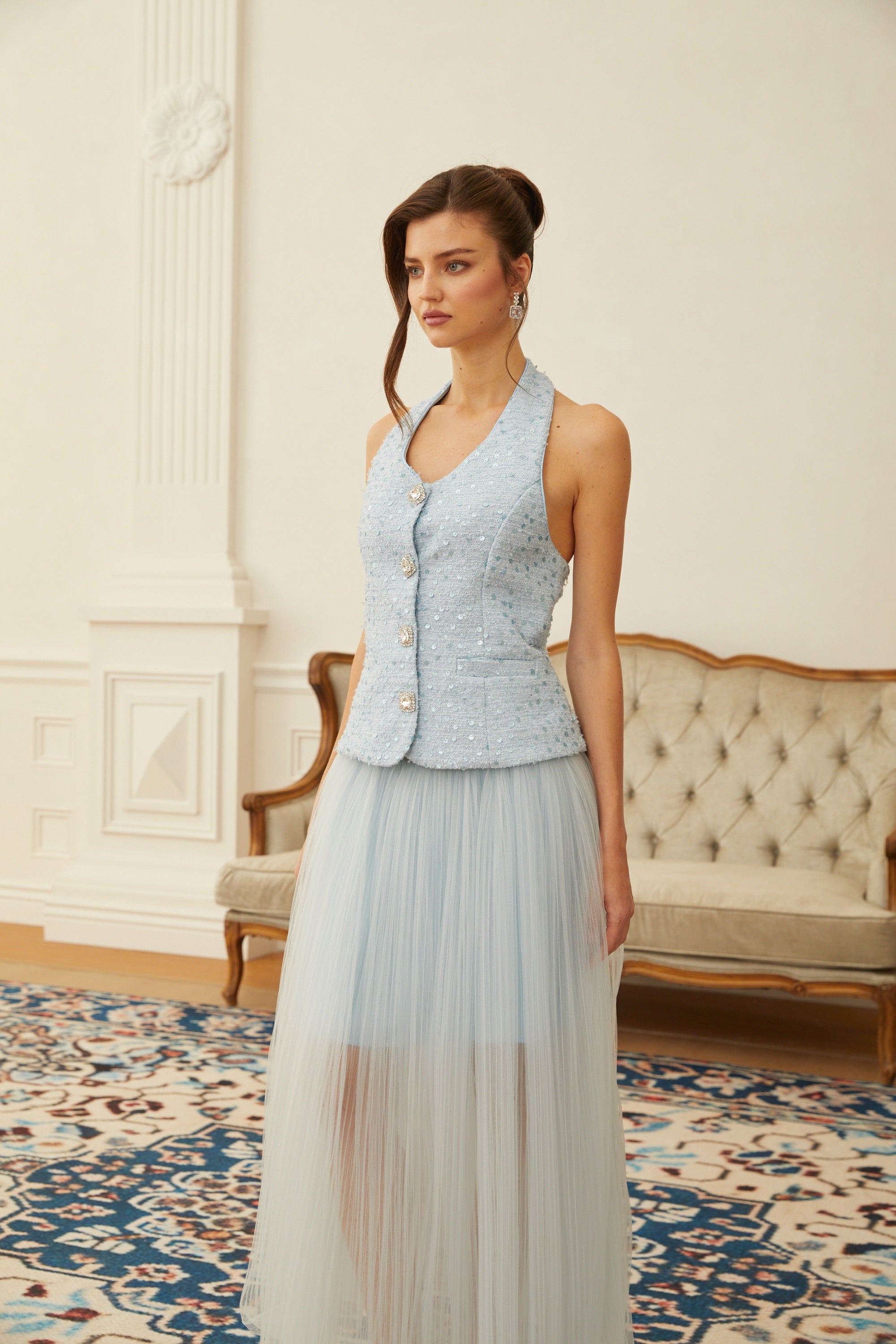 Margareta Blue Tweed Waistcoat & Tulle Skirt Set (Final Sale-US Only)