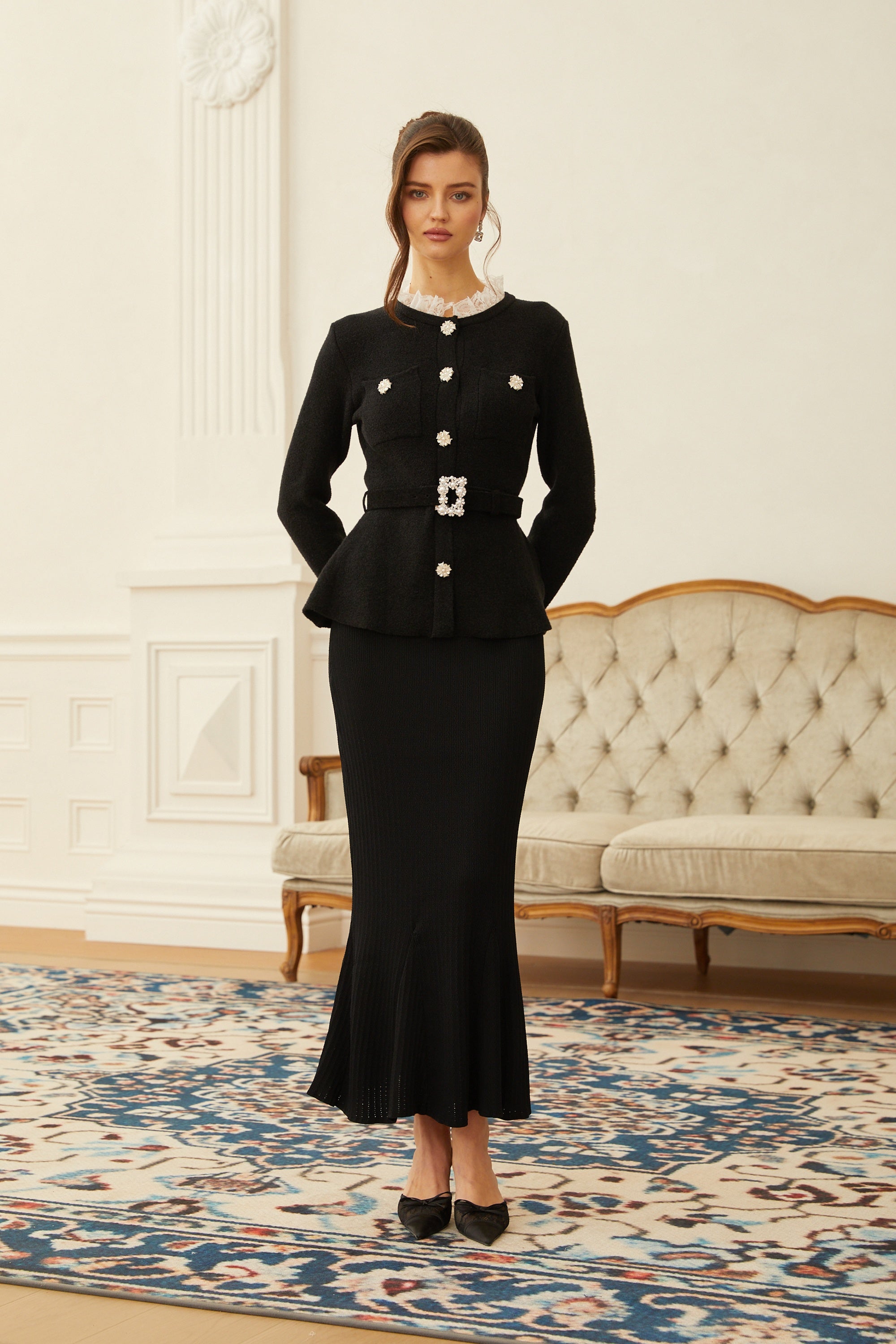 Ellinor Black Embellished Knit Top & Skirt Set (Final Sale)