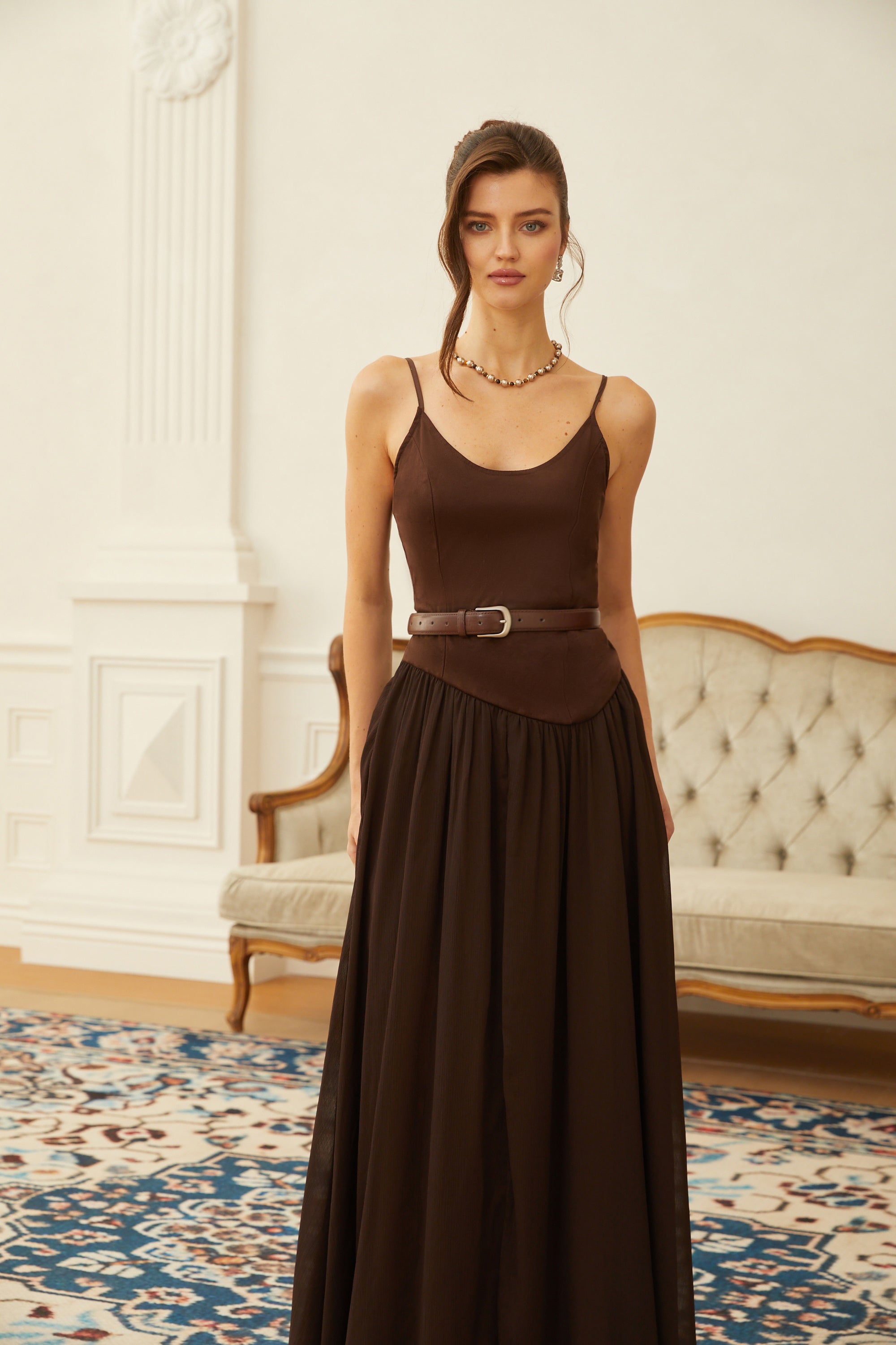 Hedda Brown Chiffon Panel Suede Maxi Dress (Final Sale-US Only)