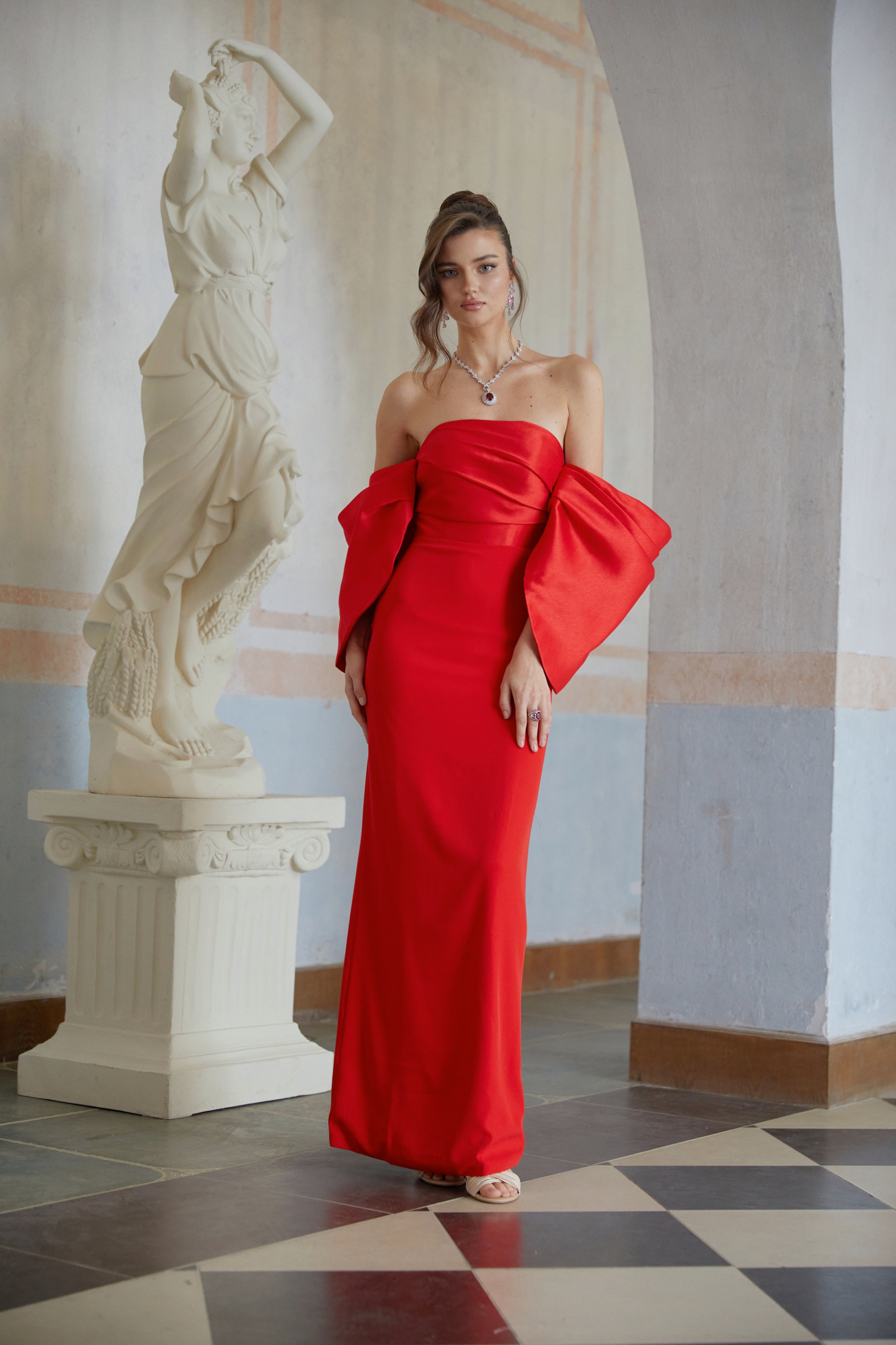 Verity Red Off Shoulder Gathered Maxi Gown (Final Sale-US Only)