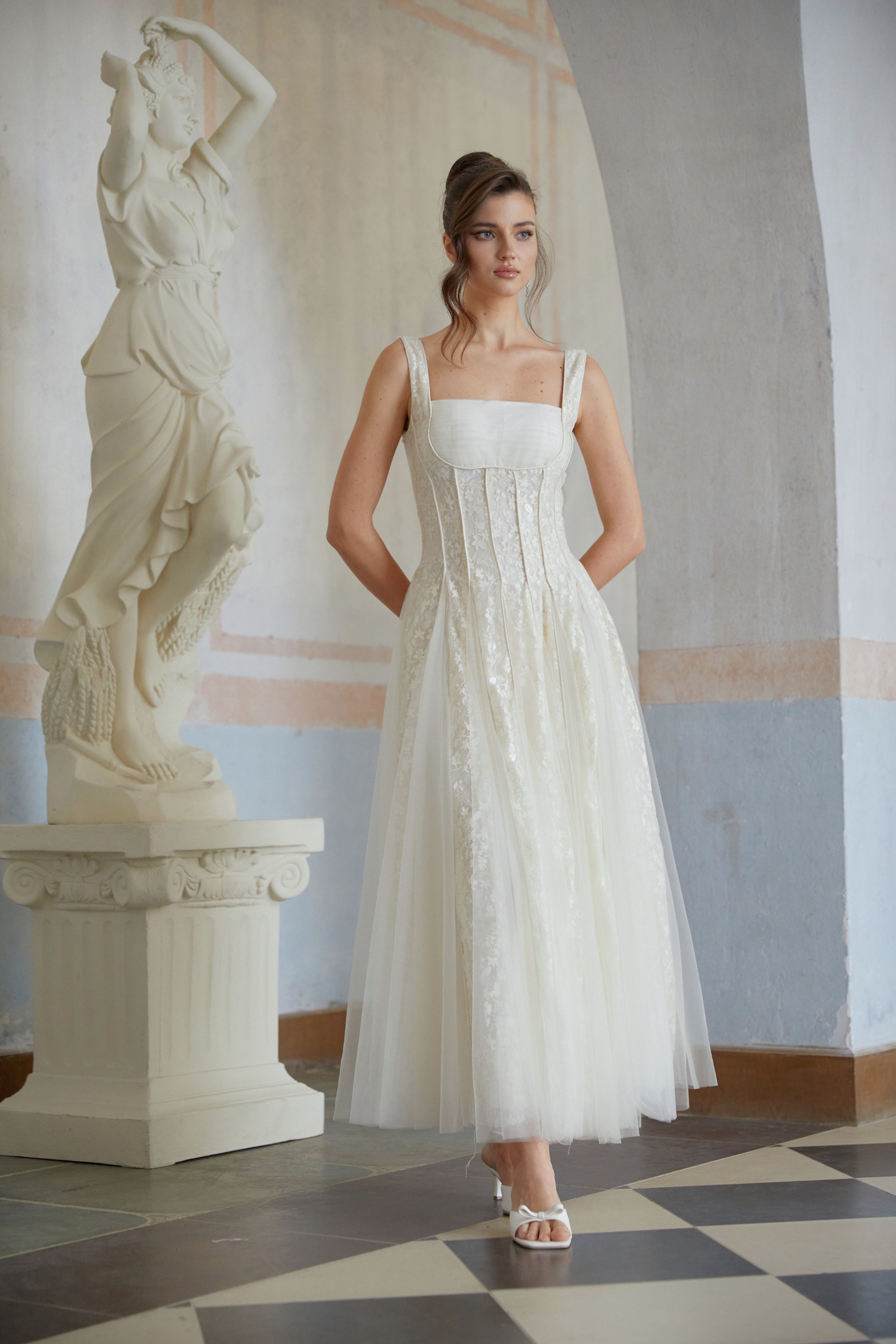 Fiadh Neutral Tulle Panel Lace Maxi Dress (Final Sale-US Only)