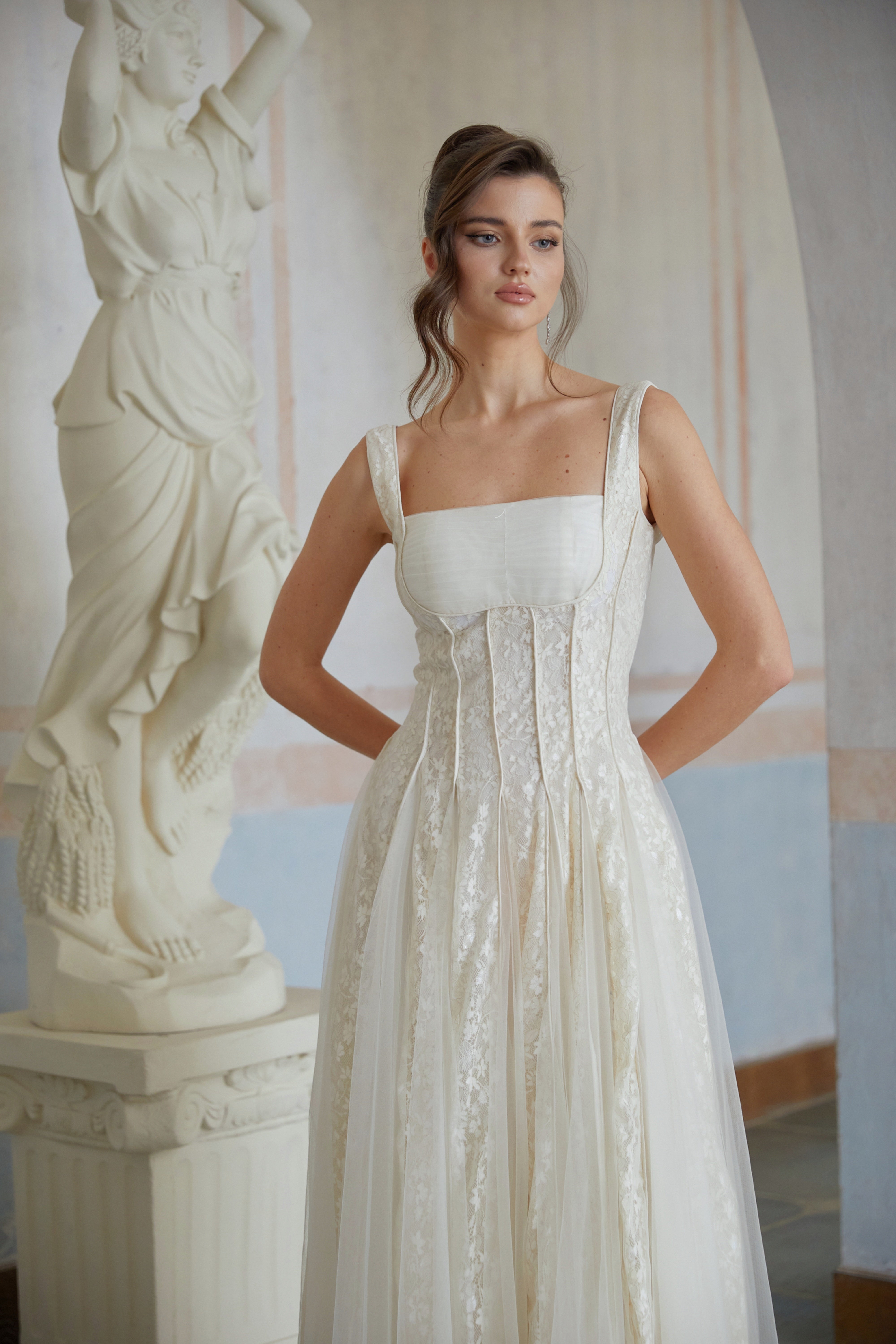 Fiadh Neutral Tulle Panel Lace Maxi Dress (Final Sale-US Only)