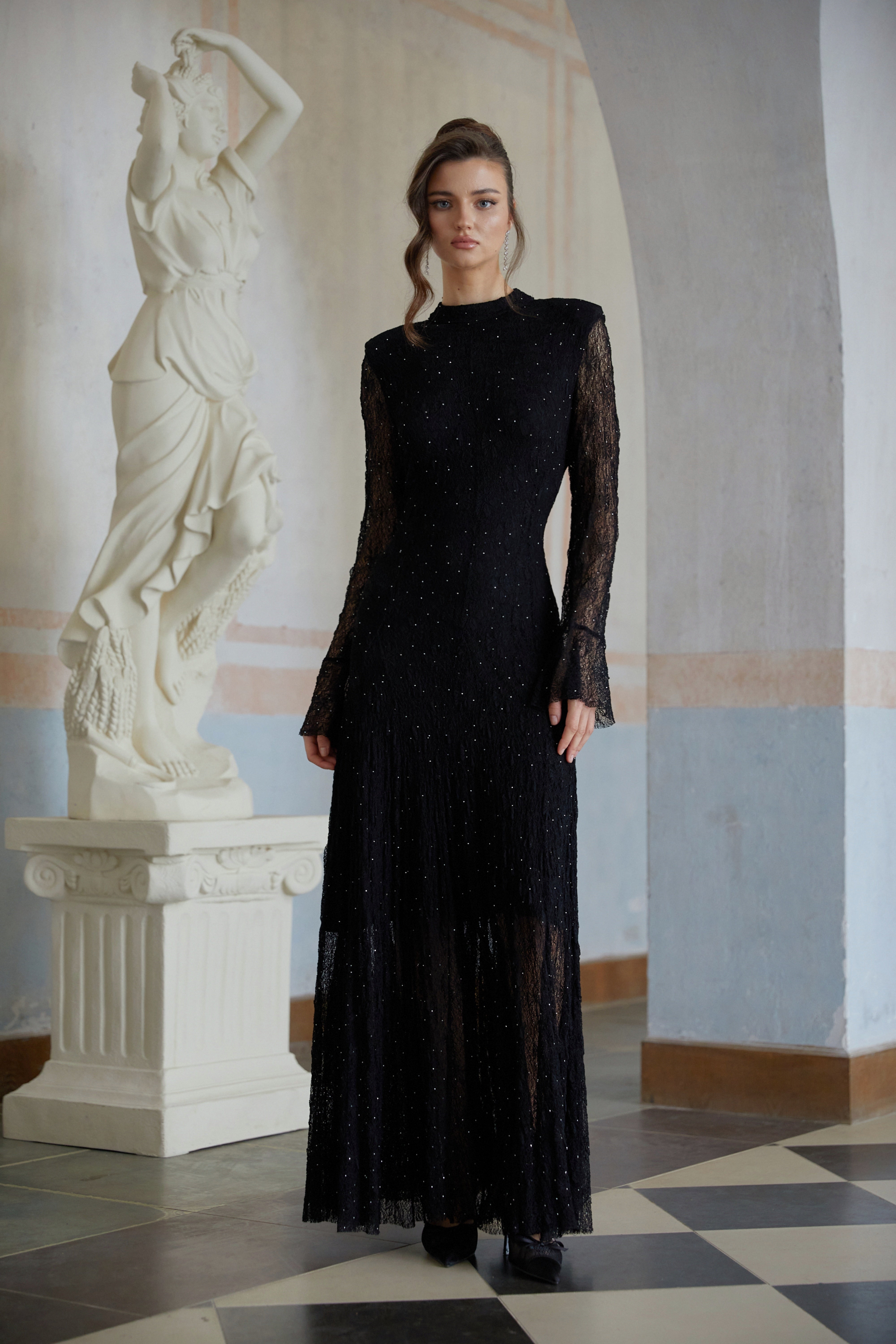 Justyna Black Rhinestone Guipure Lace Maxi Dress (Final Sale)