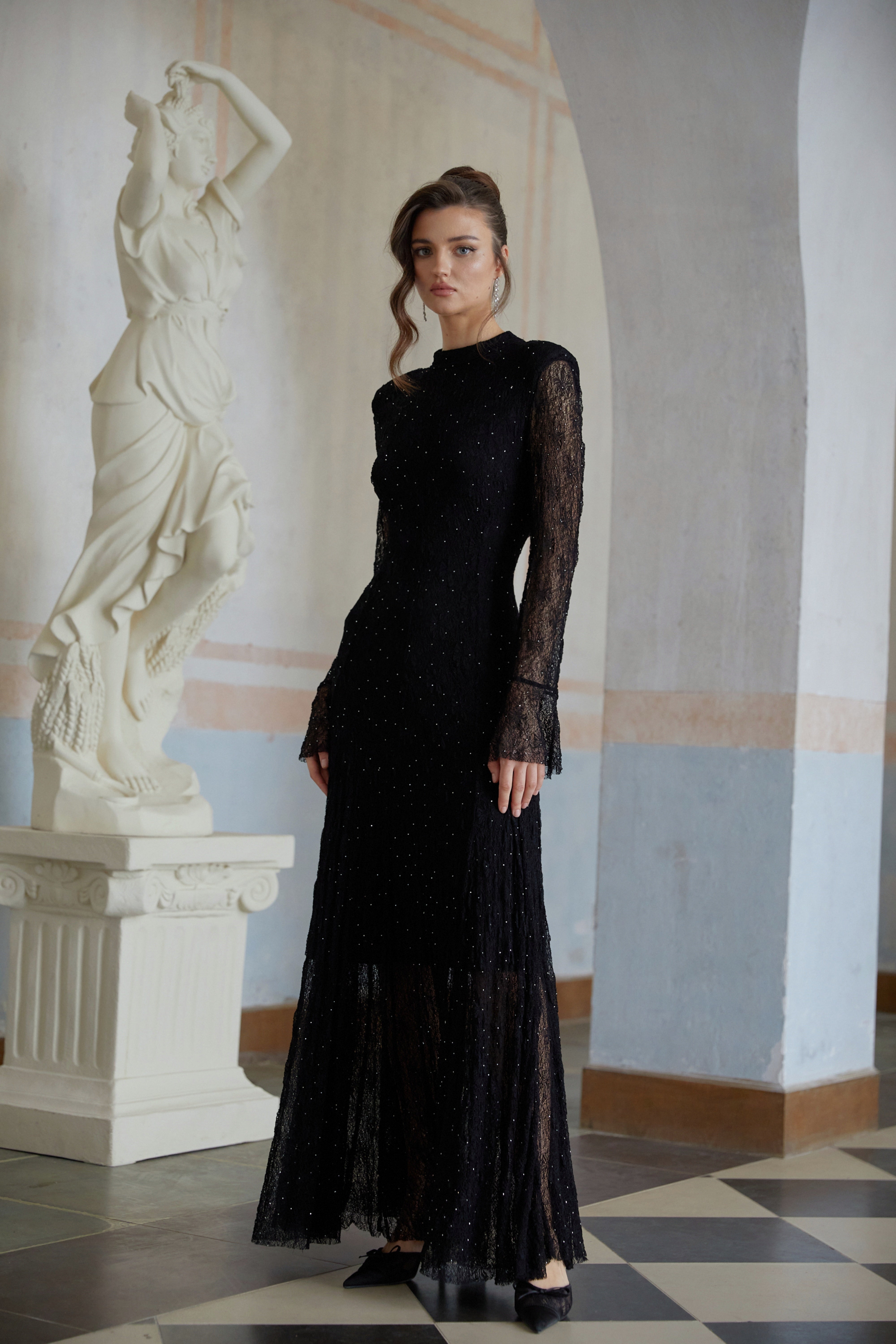 Justyna Black Rhinestone Guipure Lace Maxi Dress (Final Sale)