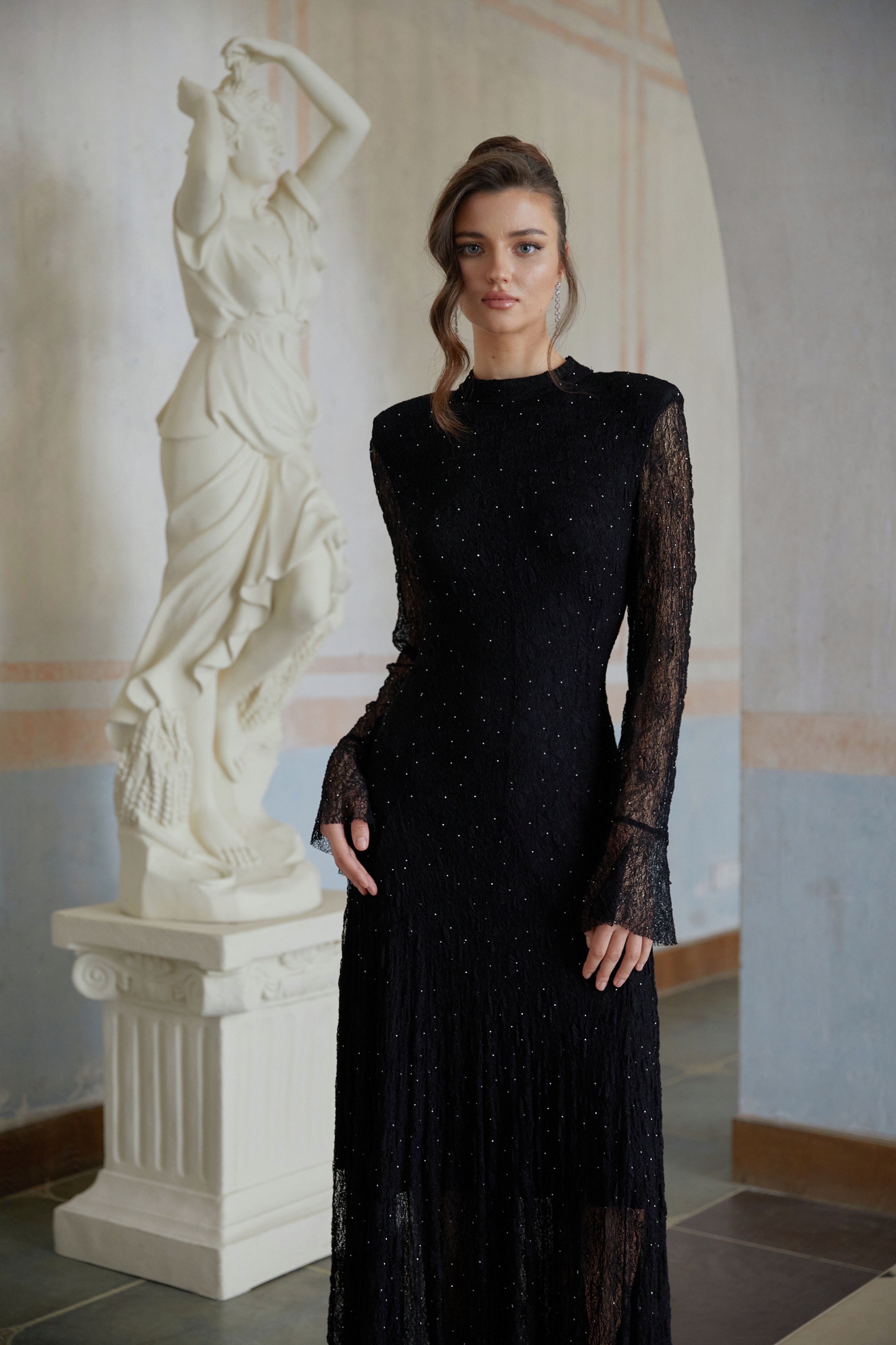 Justyna Black Rhinestone Guipure Lace Maxi Dress (Final Sale)