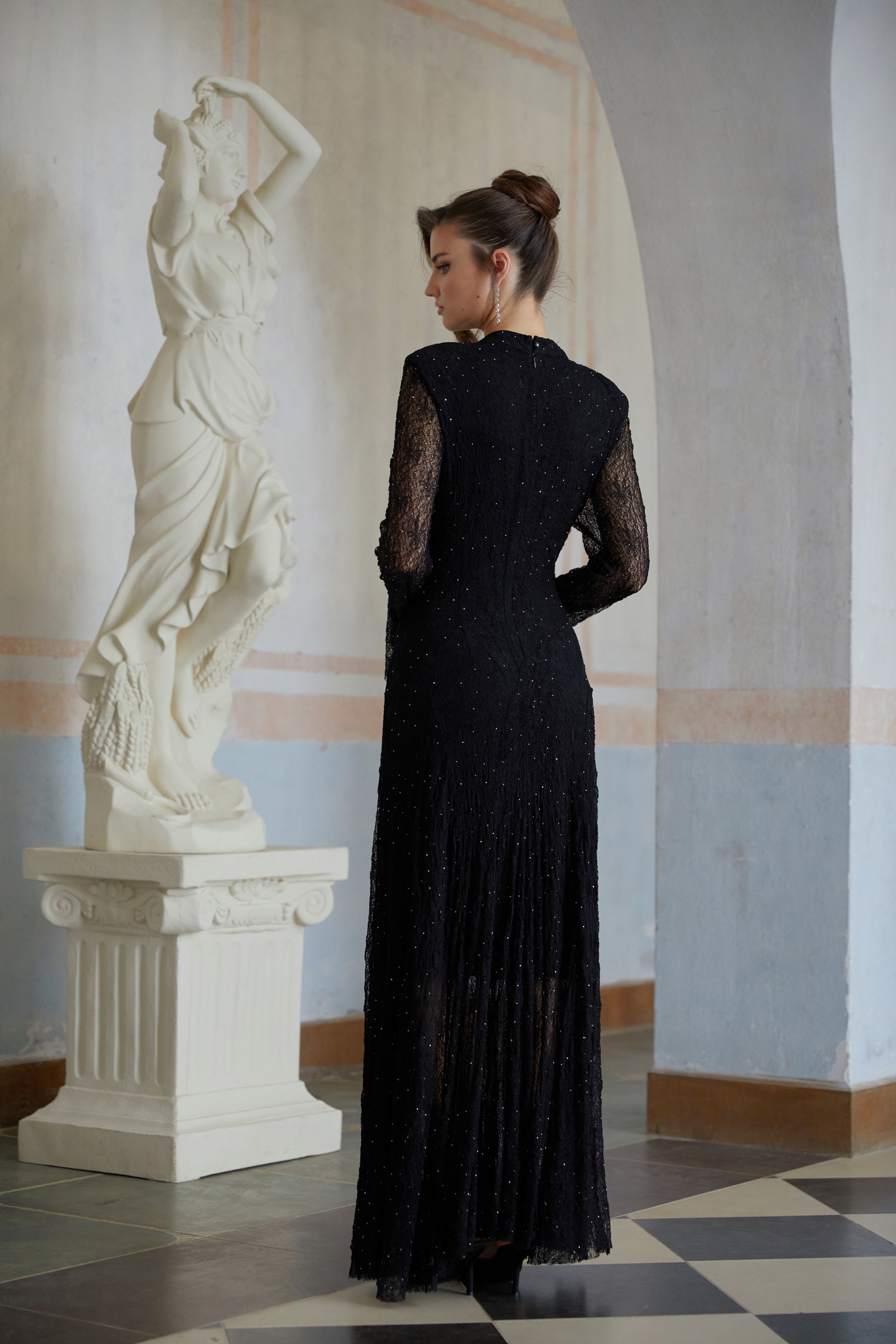 Justyna Black Rhinestone Guipure Lace Maxi Dress (Final Sale)