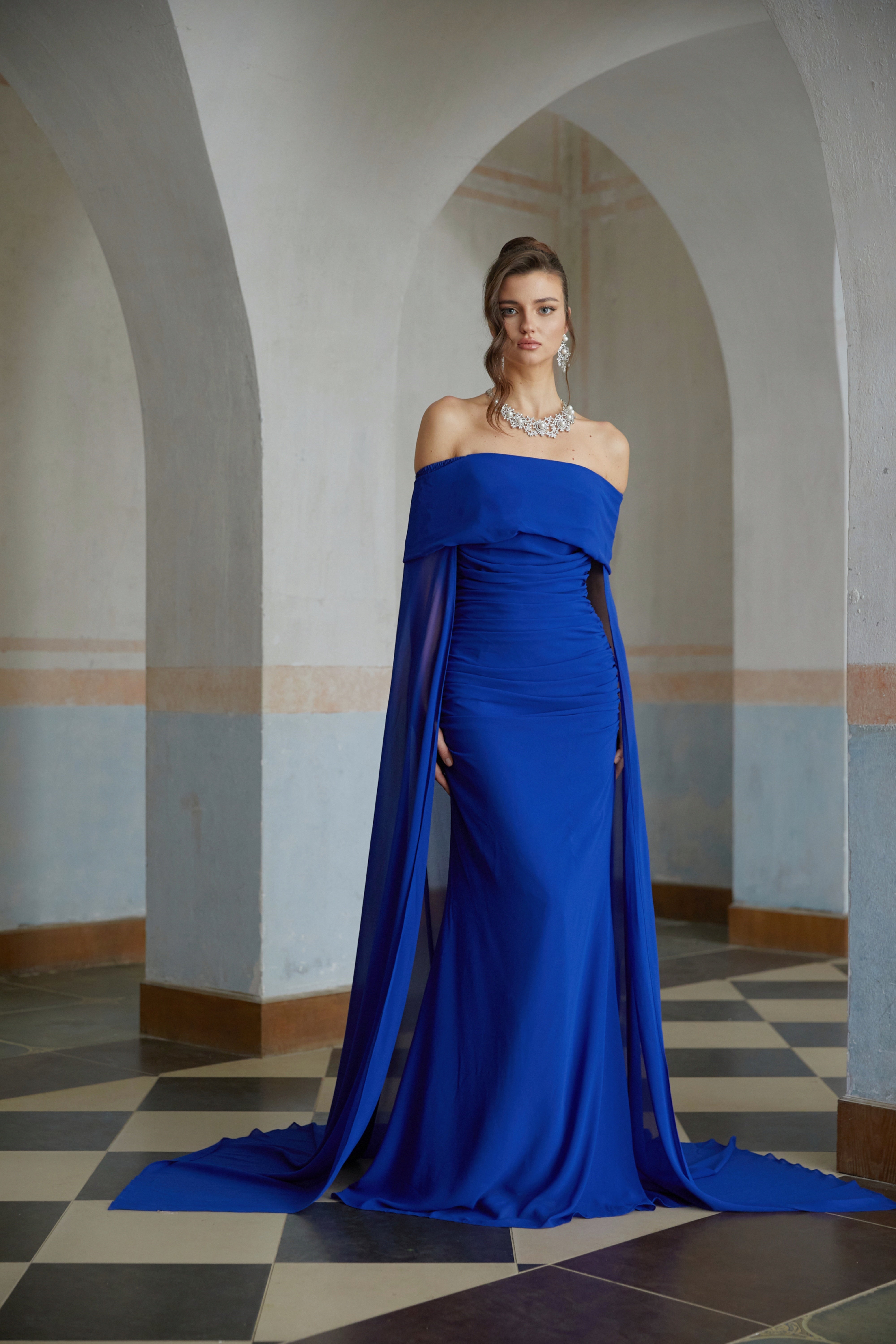 Jovie Blue Cape Design Ruched Maxi Gown (Final Sale)