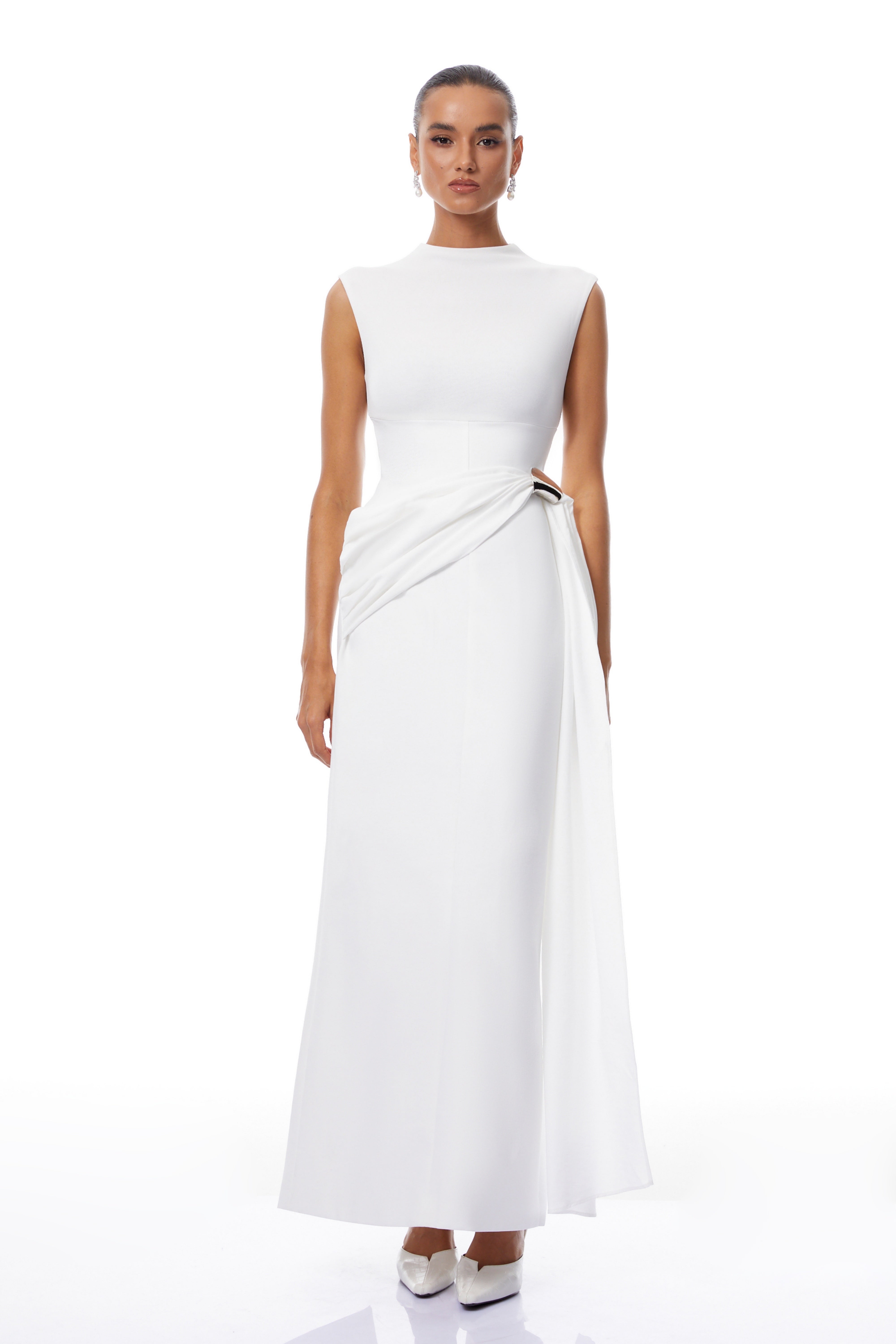 Arna White Knit Panel Gathered Maxi Dress (Final Sale)