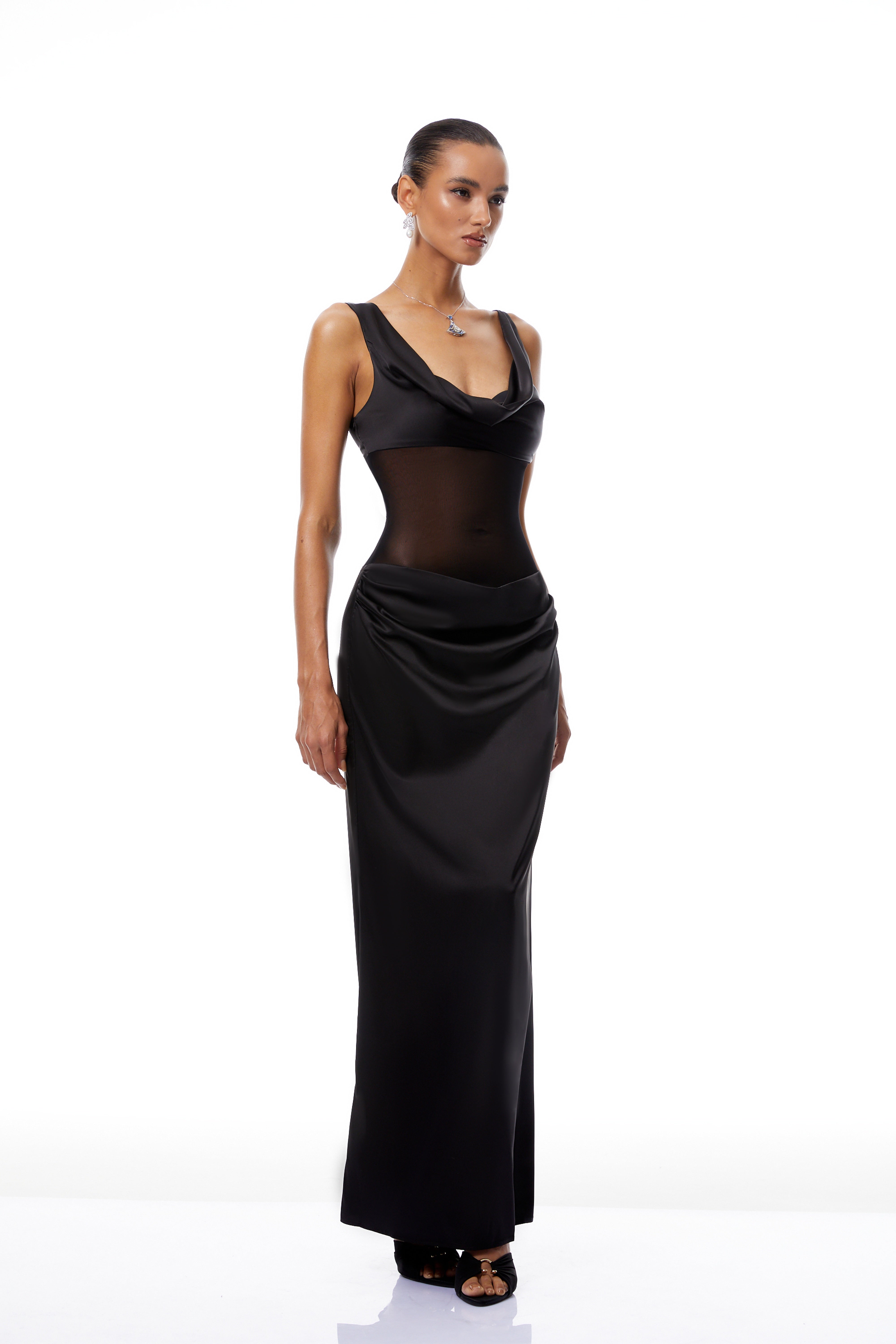 Pernilla Black Ruched Satin Maxi Dress (Final Sale-US Only)