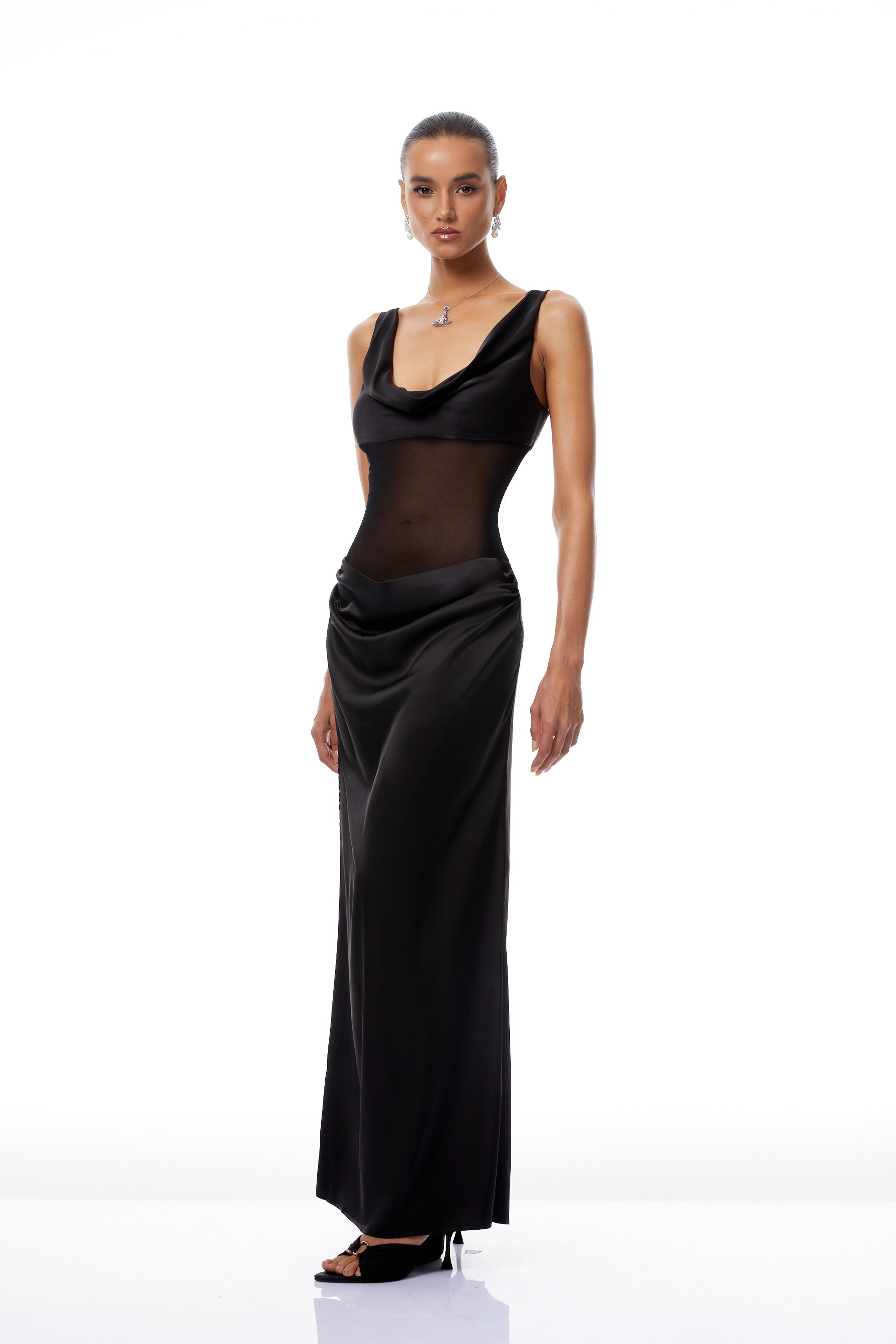 Pernilla Black Ruched Satin Maxi Dress (Final Sale-US Only)