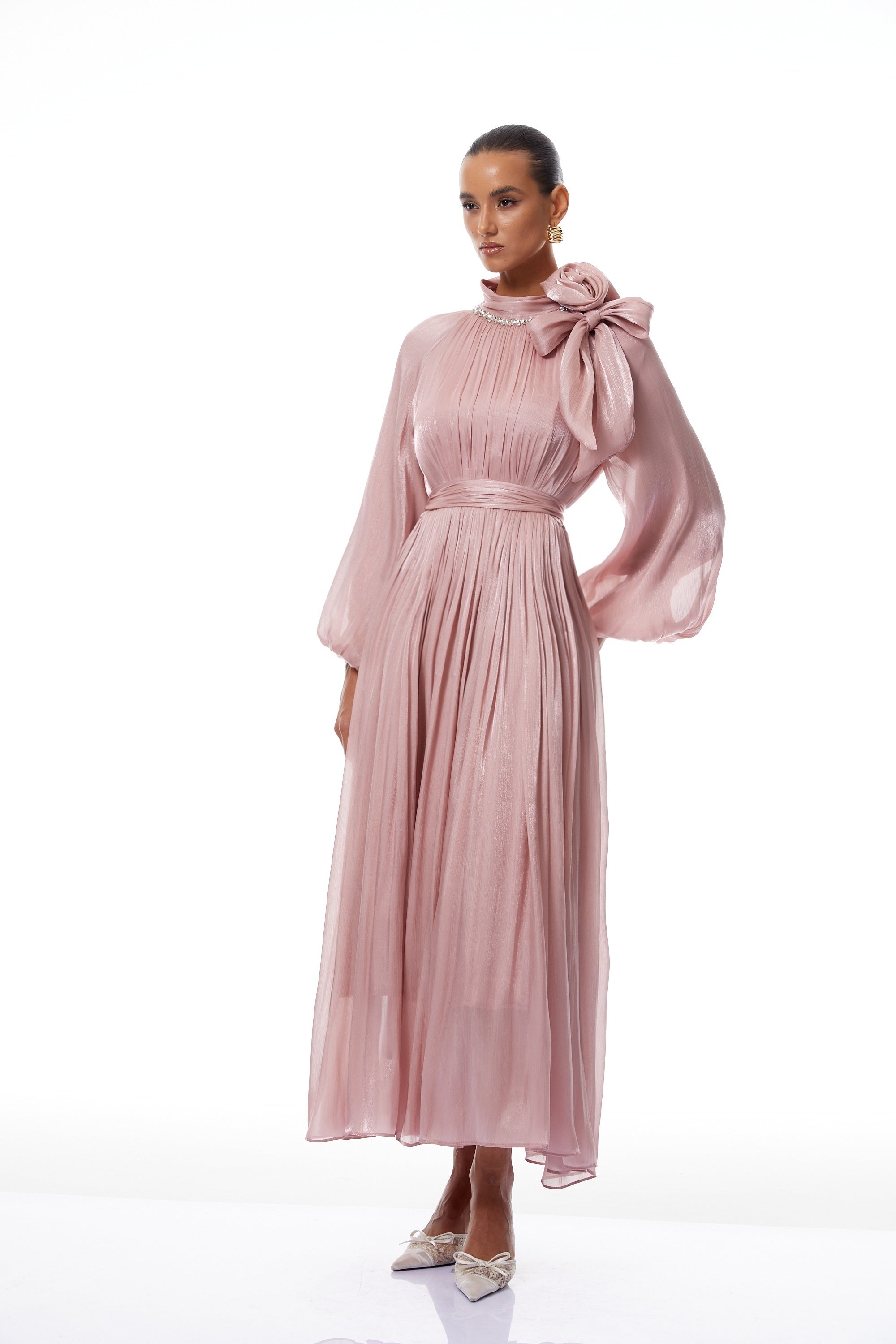Birna Pink Floral Pleated Glossy Maxi Dress (Final Sale)