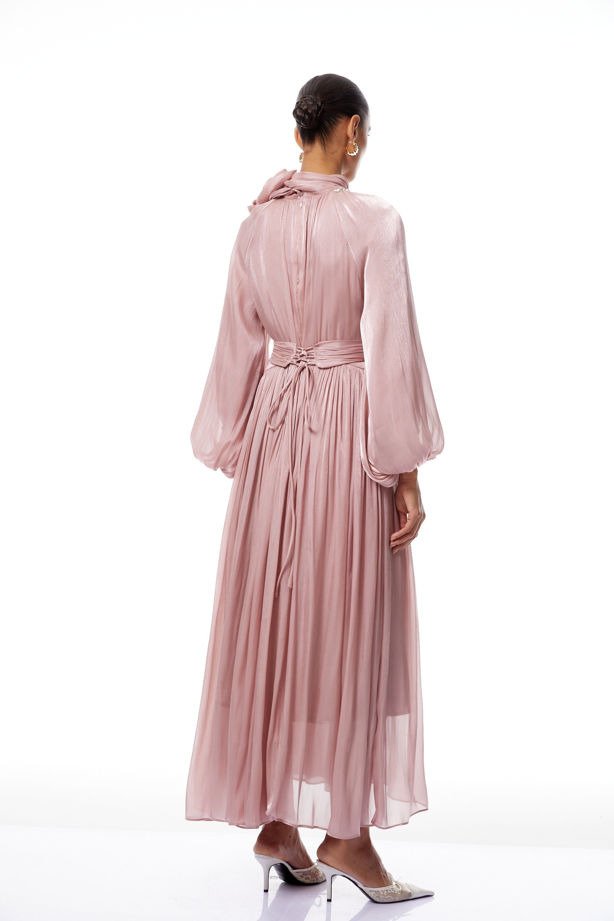 Birna Pink Floral Pleated Glossy Maxi Dress (Final Sale)
