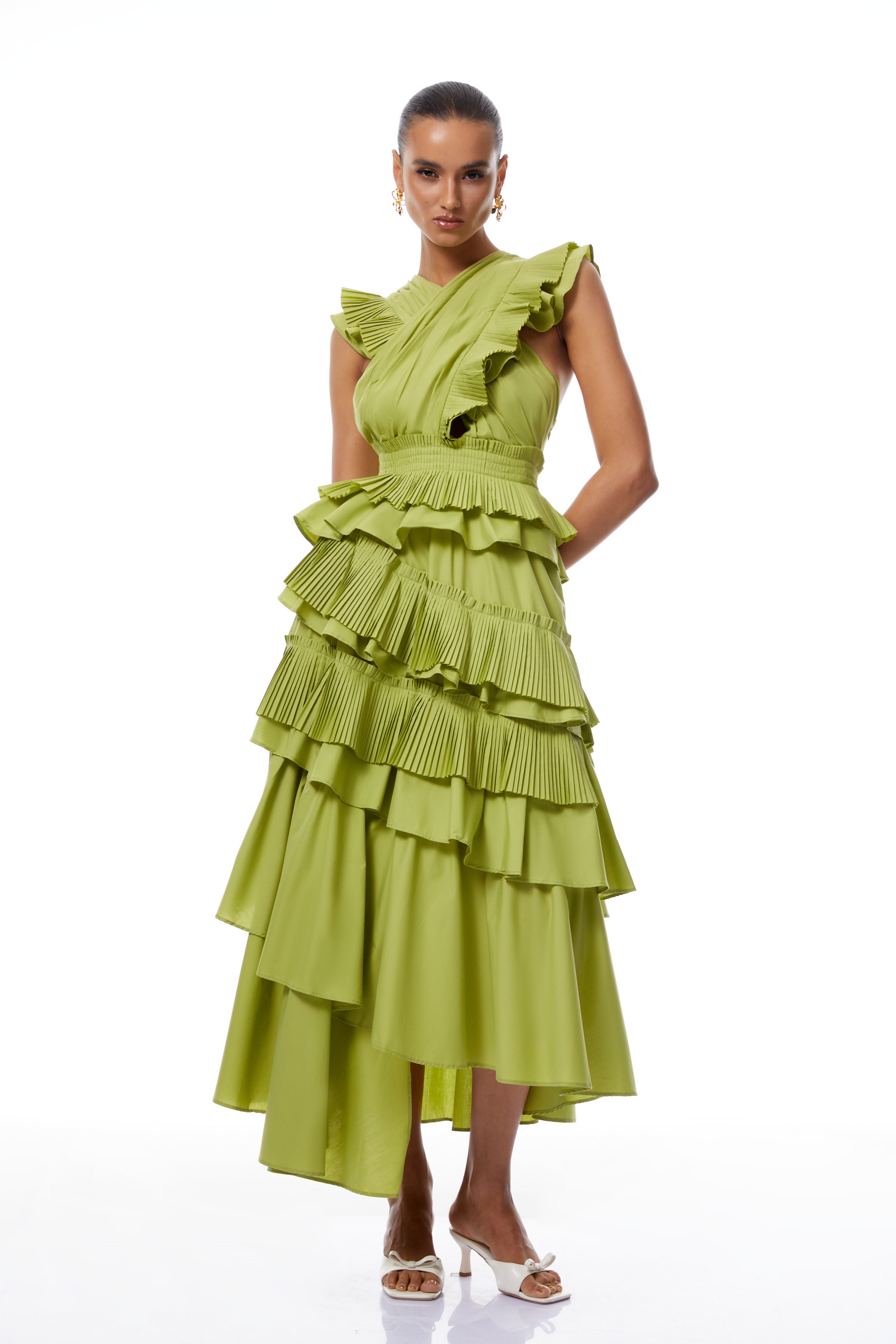 Raffaella Green Asymmetrical Ruffled Tiered Midi Dress (Final Sale)