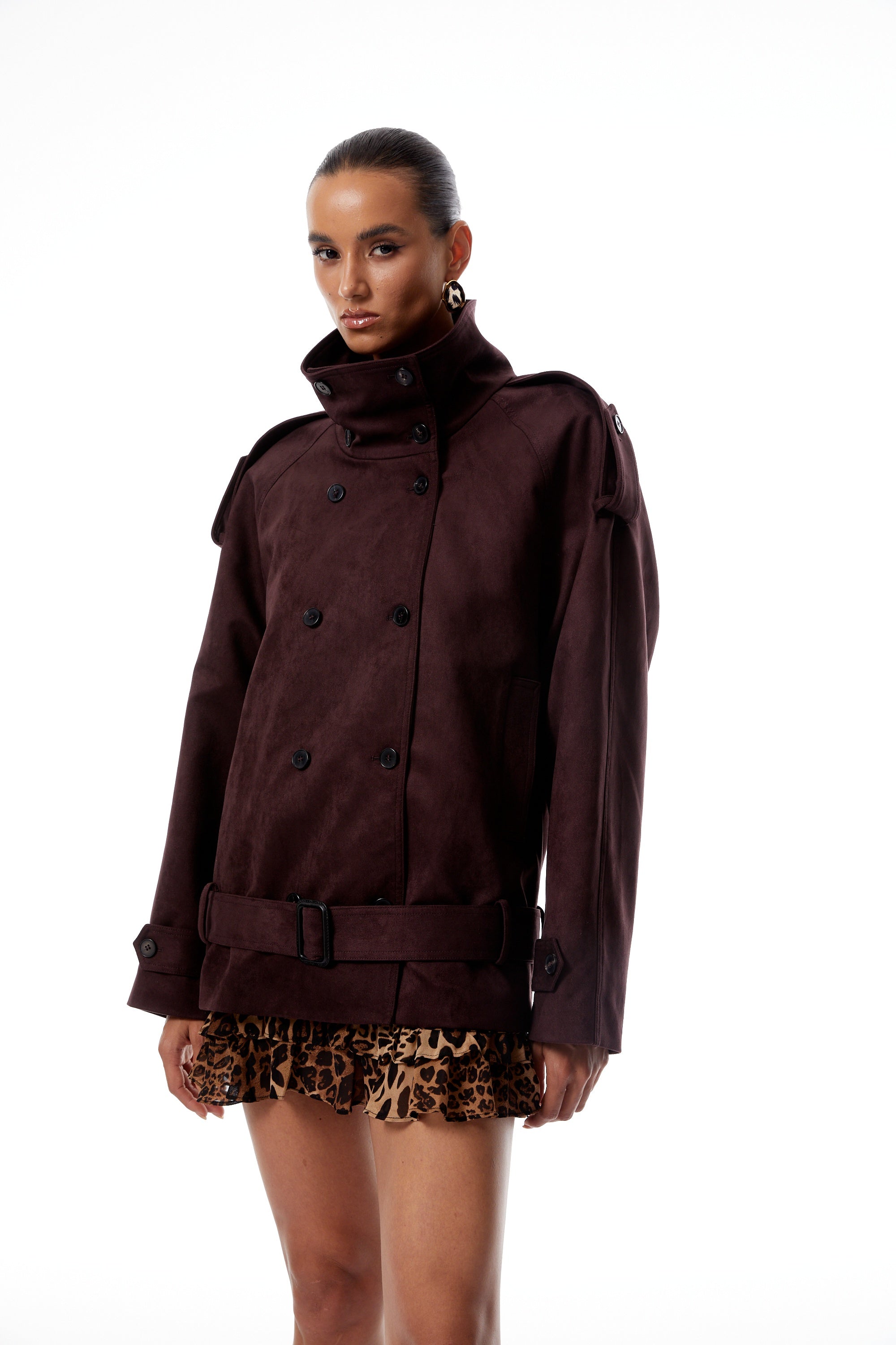 Flavia Burgundy Belted Suede Trench Coat