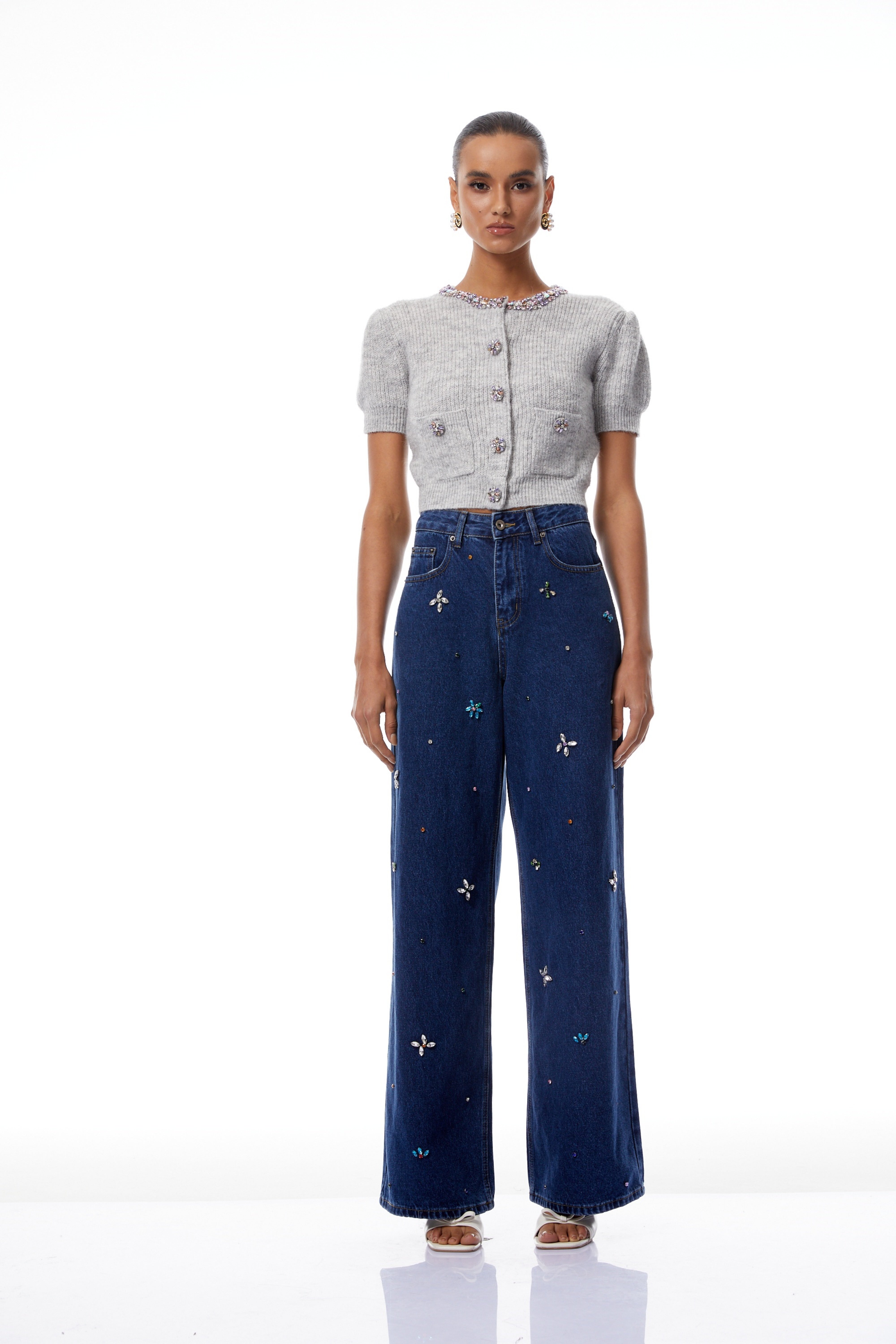 Camille Grey Embellished Ribbed Knit Crop Top