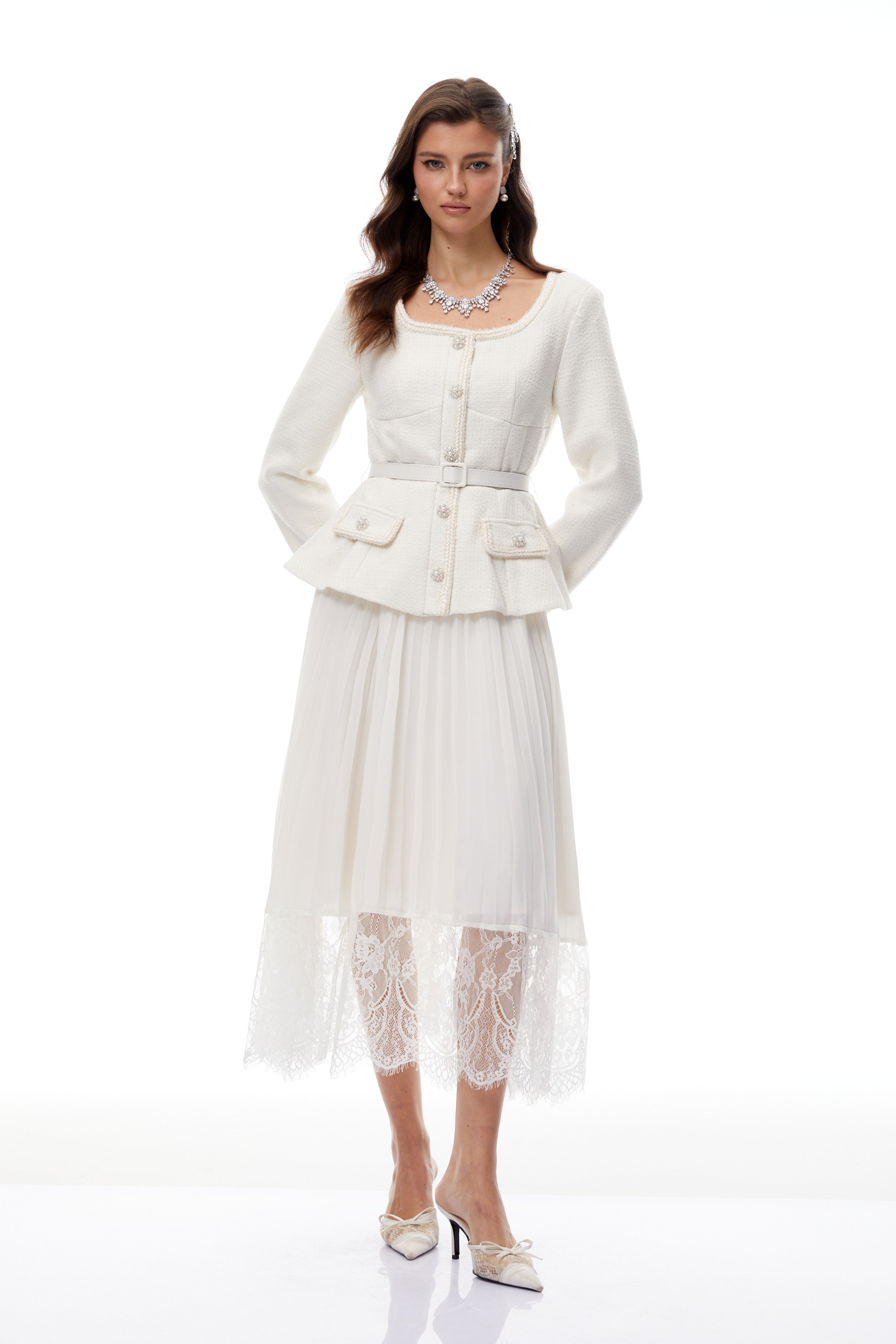Iver White Lace Panel Tweed Midi Dress (Final Sale-US Only)