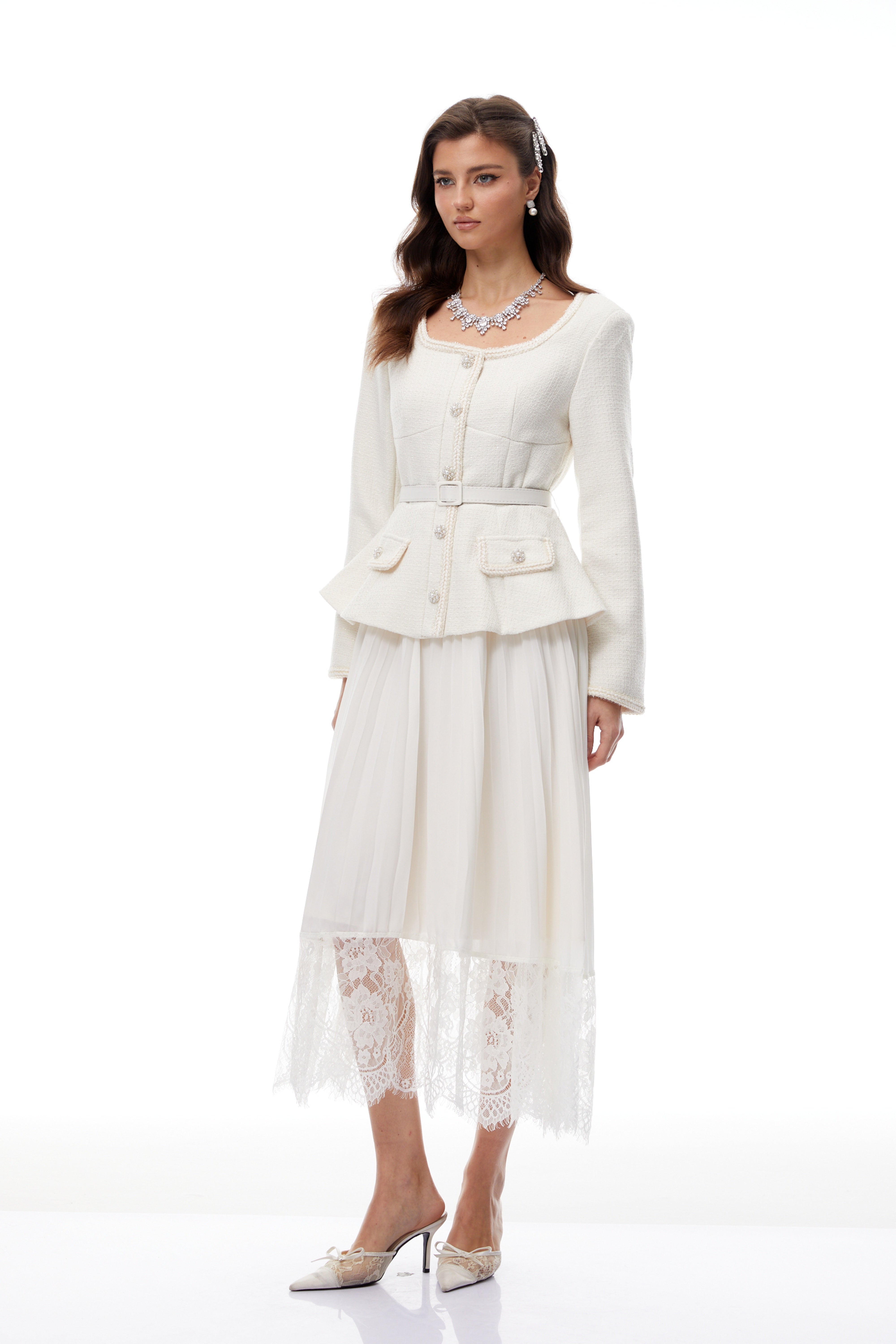 Iver White Lace Panel Tweed Midi Dress