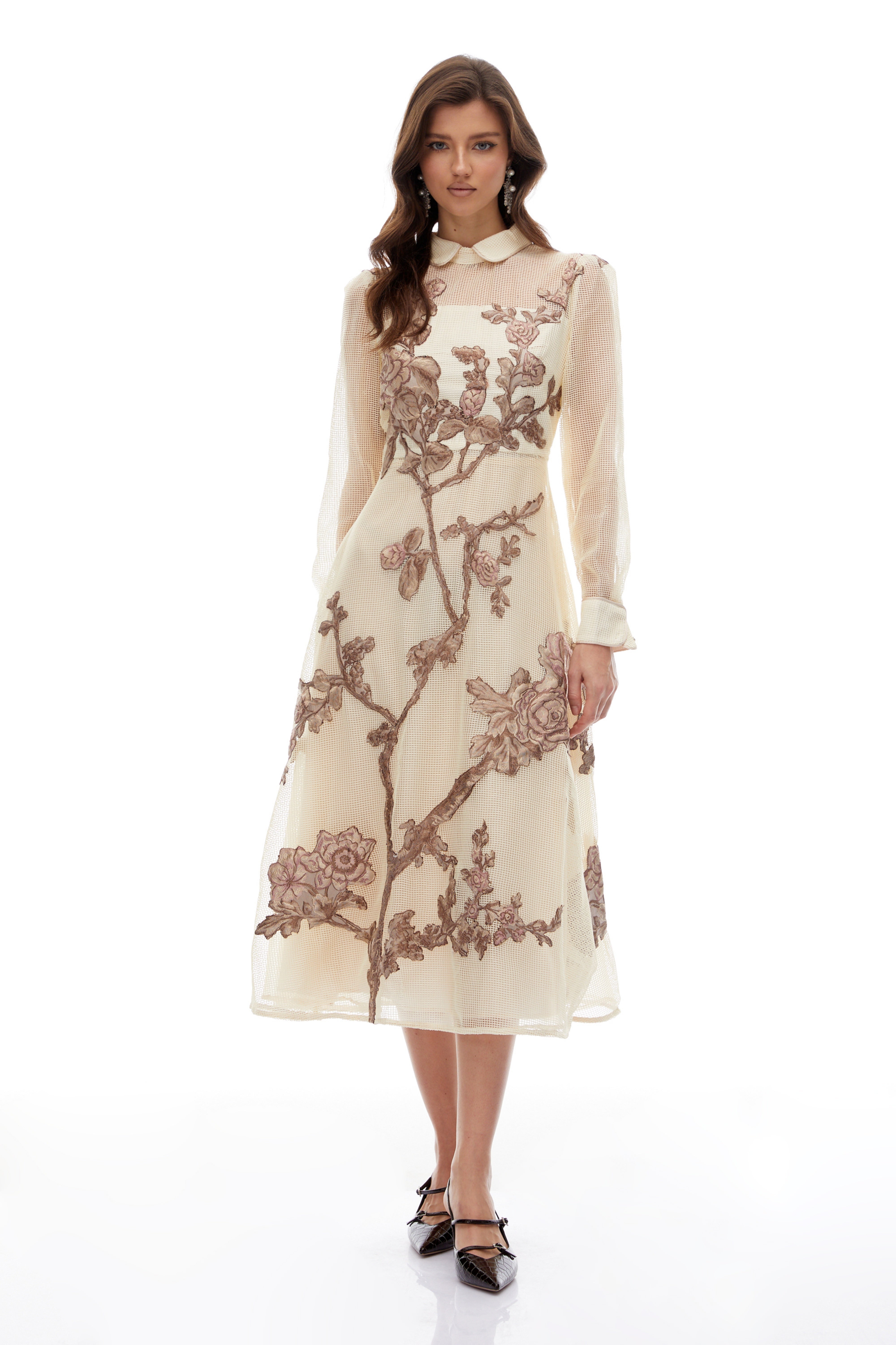 Ginevra Neutral Floral Appliqué Crochet Midi Dress (Final Sale)