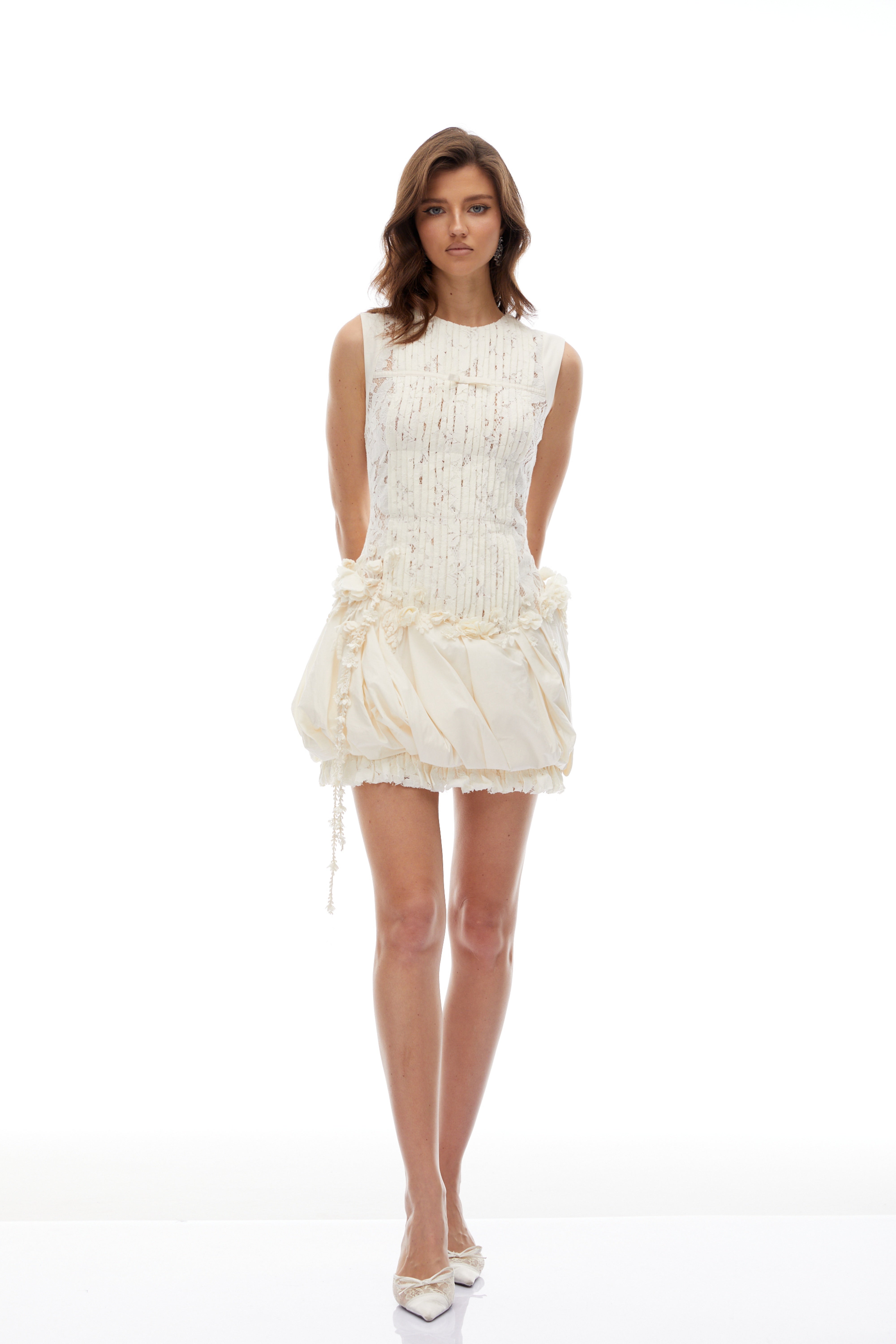 Svein Neutral Pleated Floral Lace Mini Dress (Final Sale)