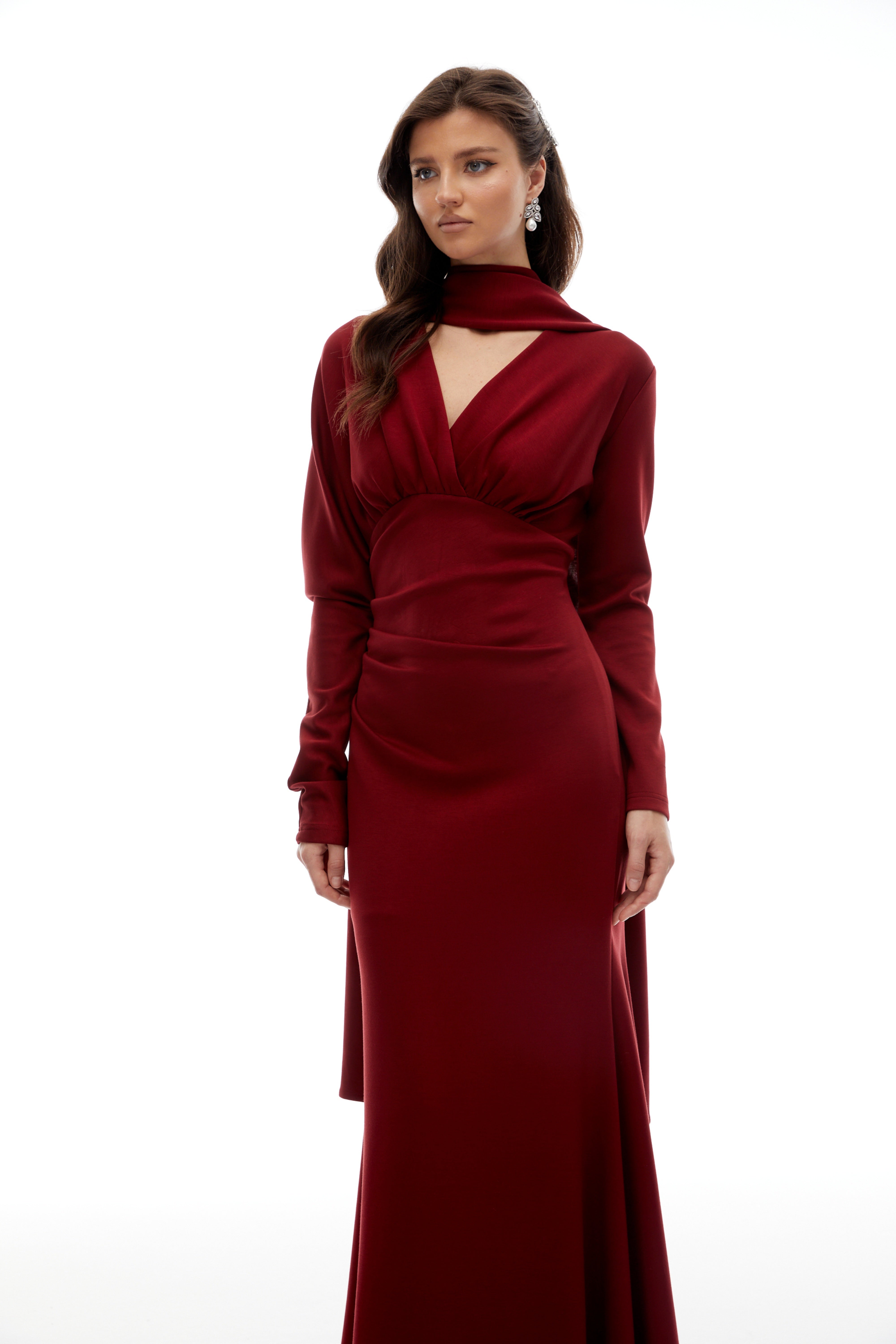 Margot Red Scarf Design Ruched Maxi Gown (Final Sale)