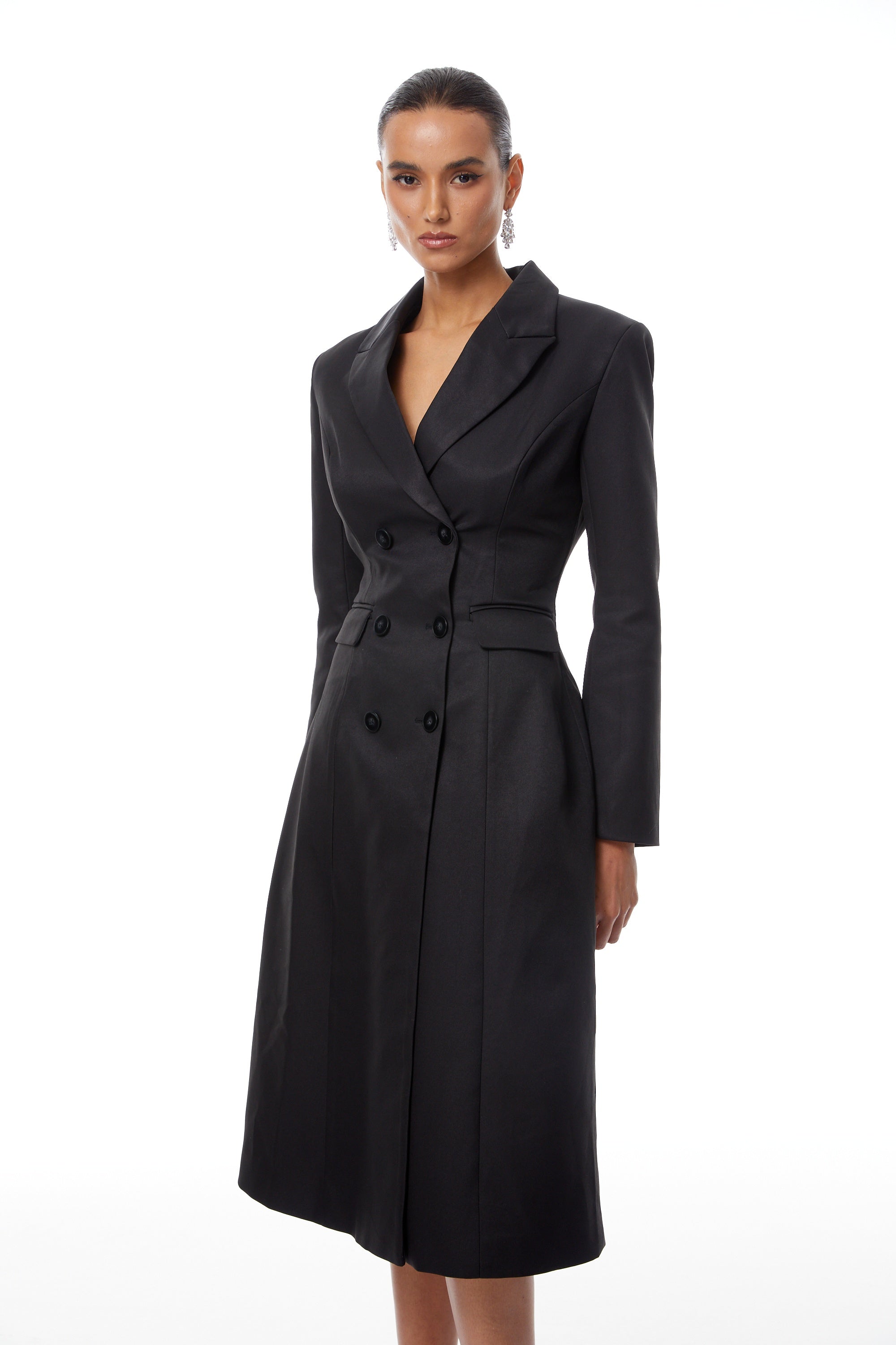 Ortensia Black Double-Breasted Coat Inspired Midi Dress (Final Sale-US Only)
