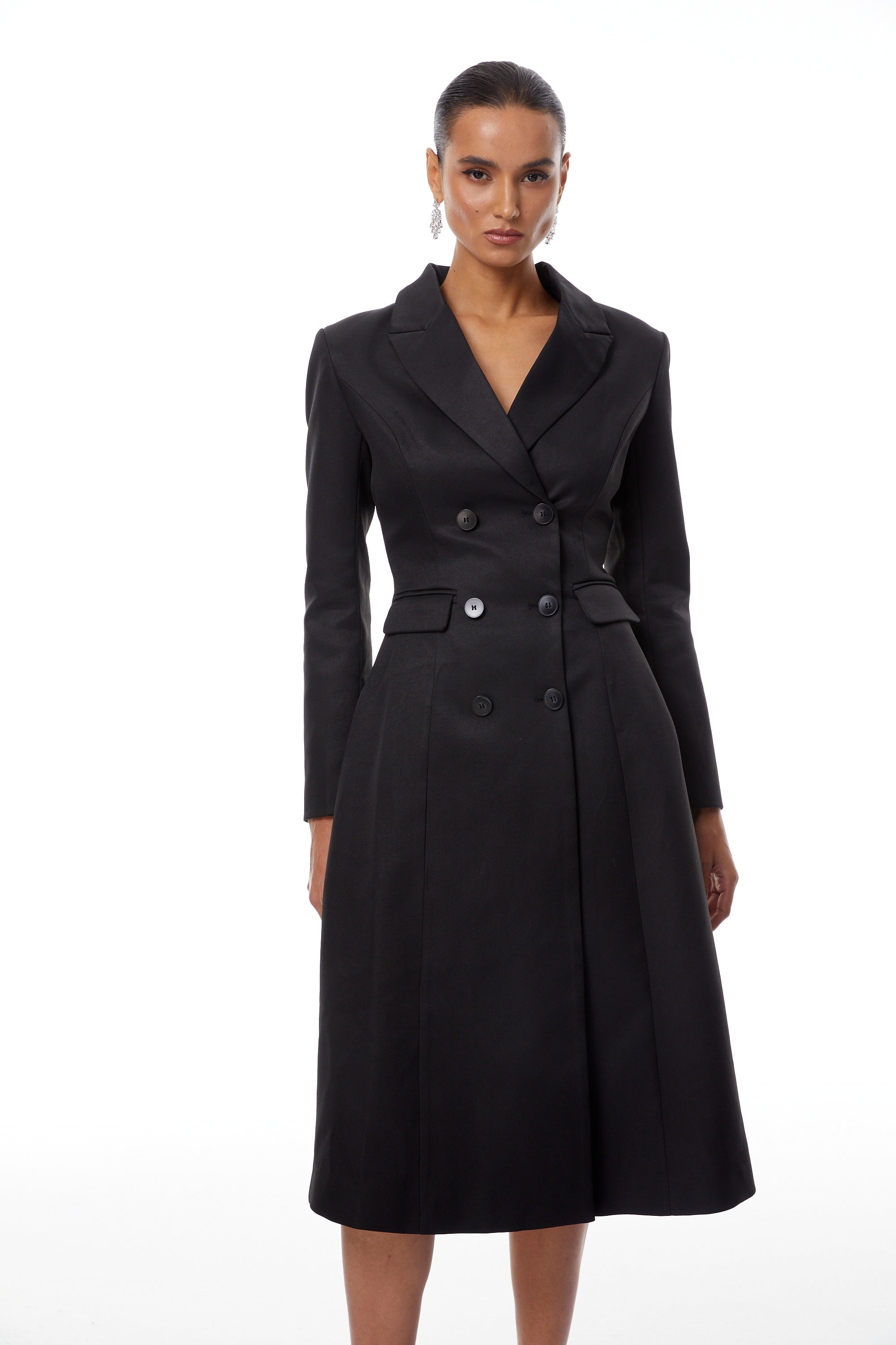 Ortensia Black Double-Breasted Coat Inspired Midi Dress (Final Sale-US Only)