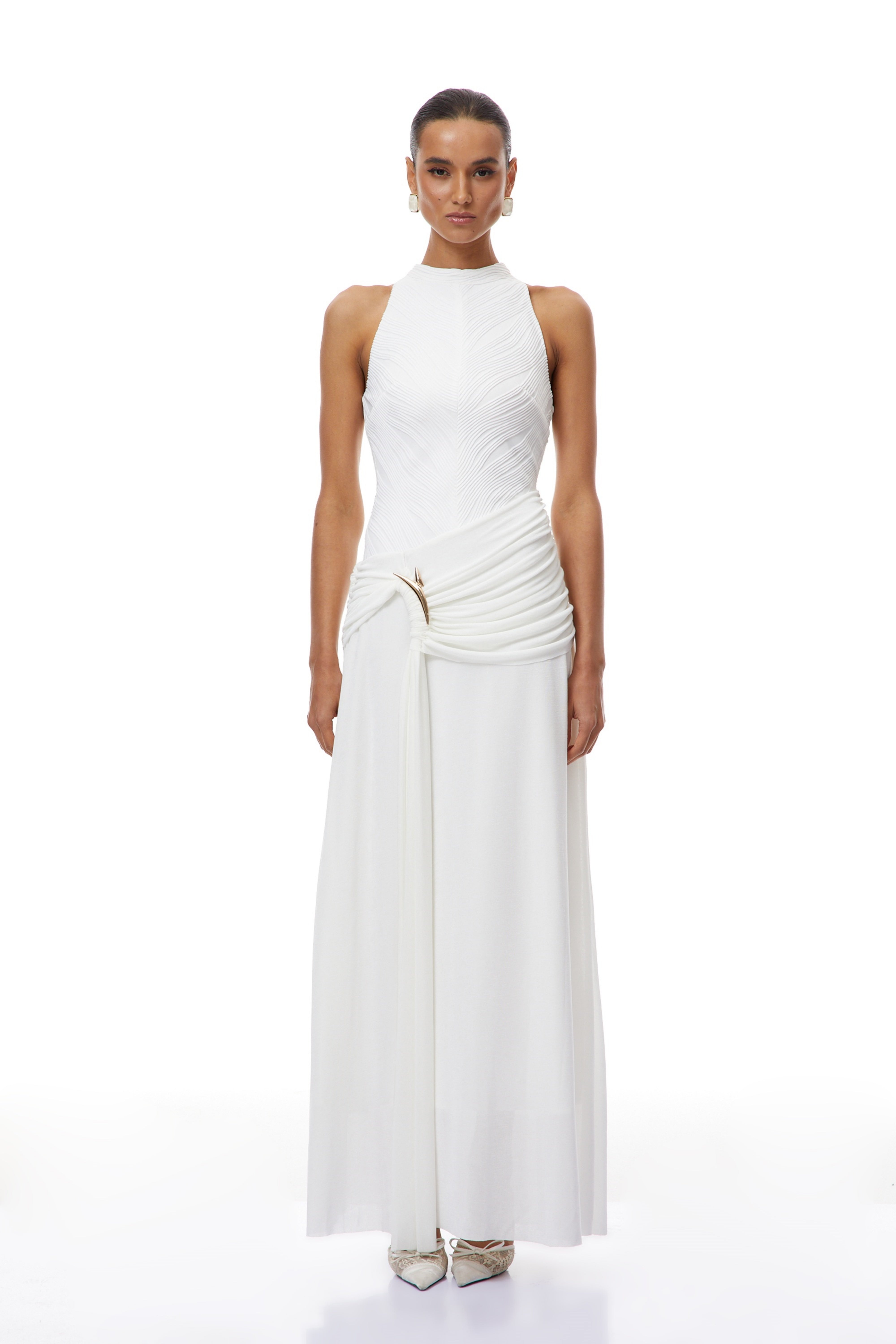Klara White Ruched Ribbon Textured Maxi Dress (Final Sale-US Only)
