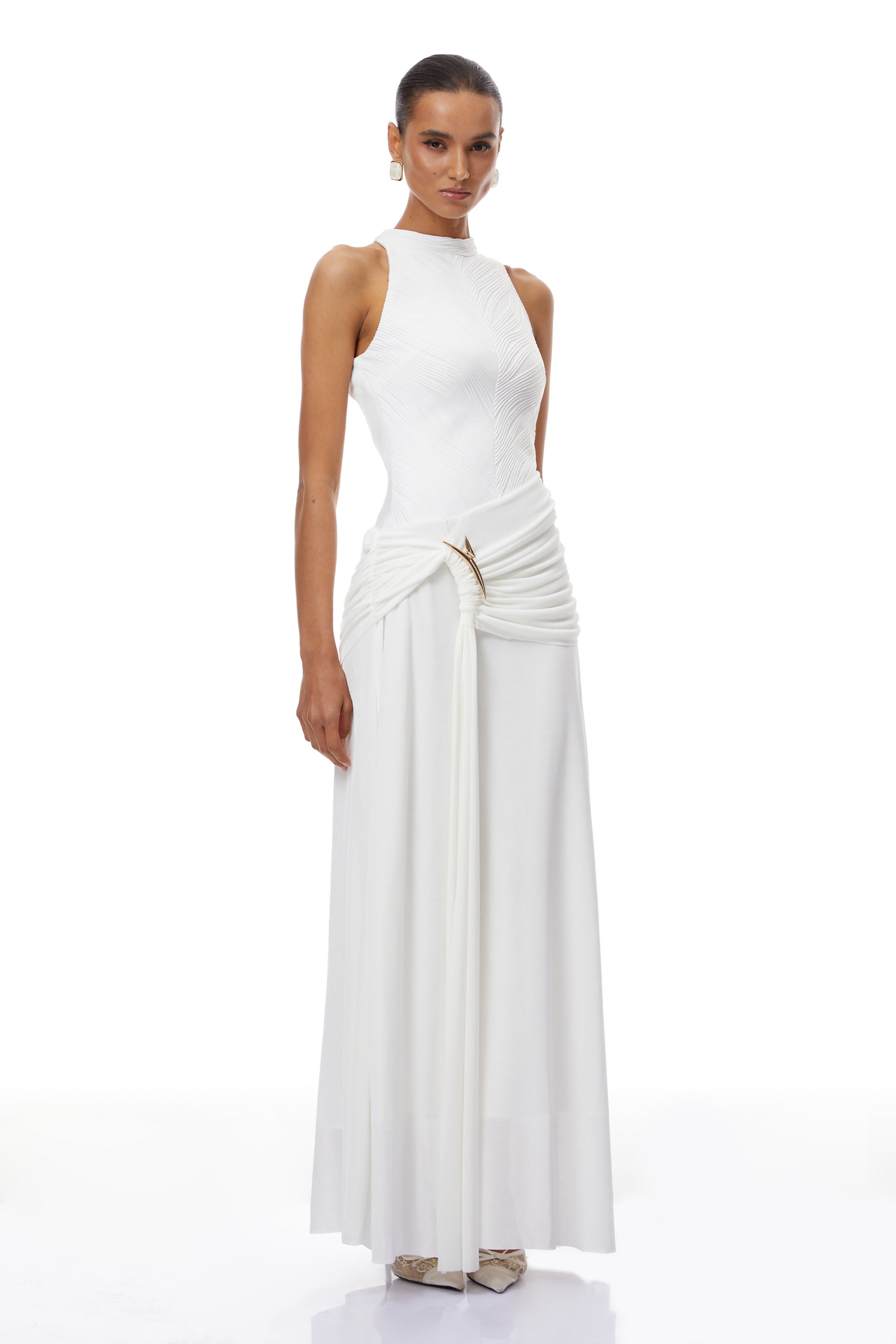 Klara White Ruched Ribbon Textured Maxi Dress (Final Sale-US Only)