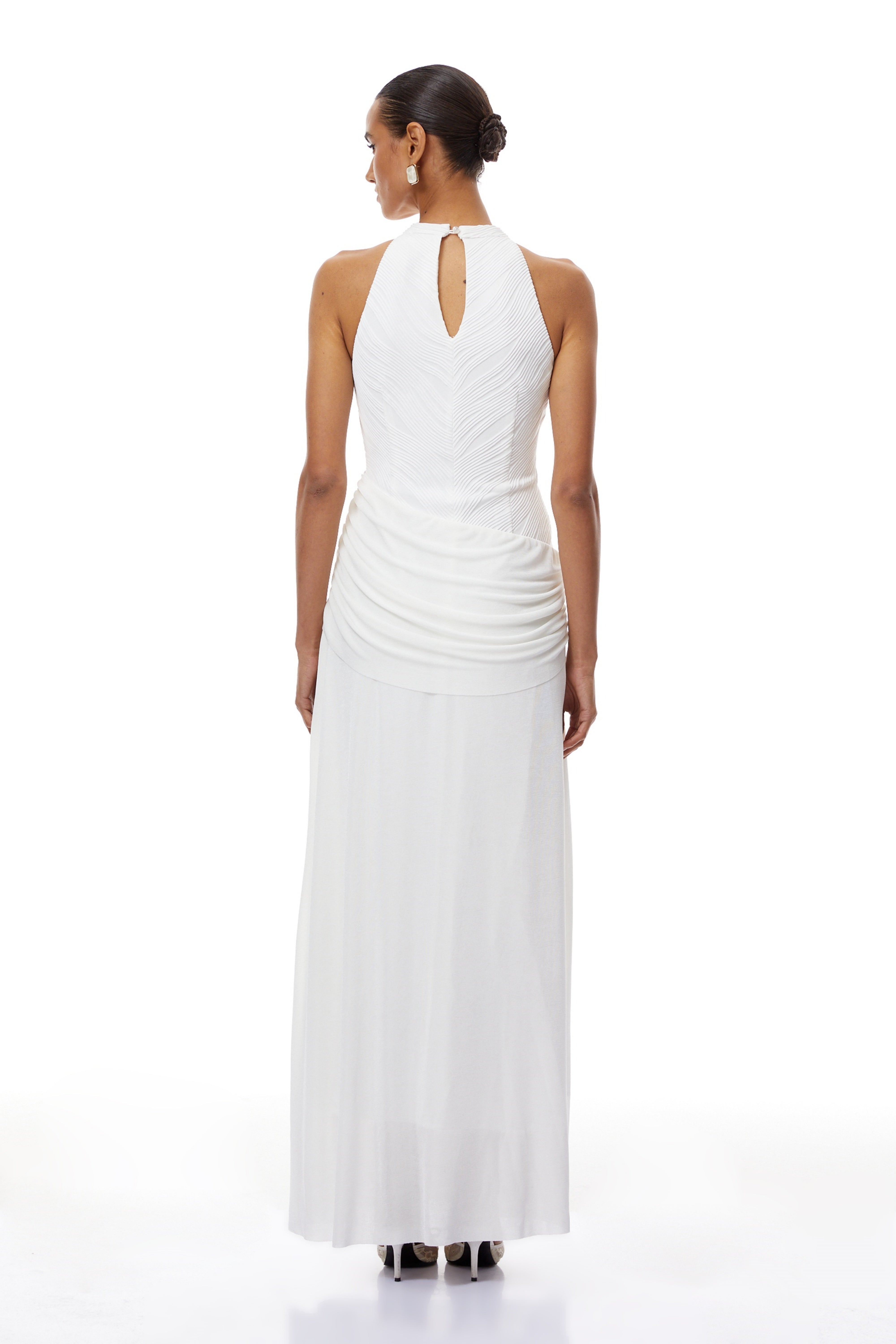 Klara White Ruched Ribbon Textured Maxi Dress (Final Sale-US Only)