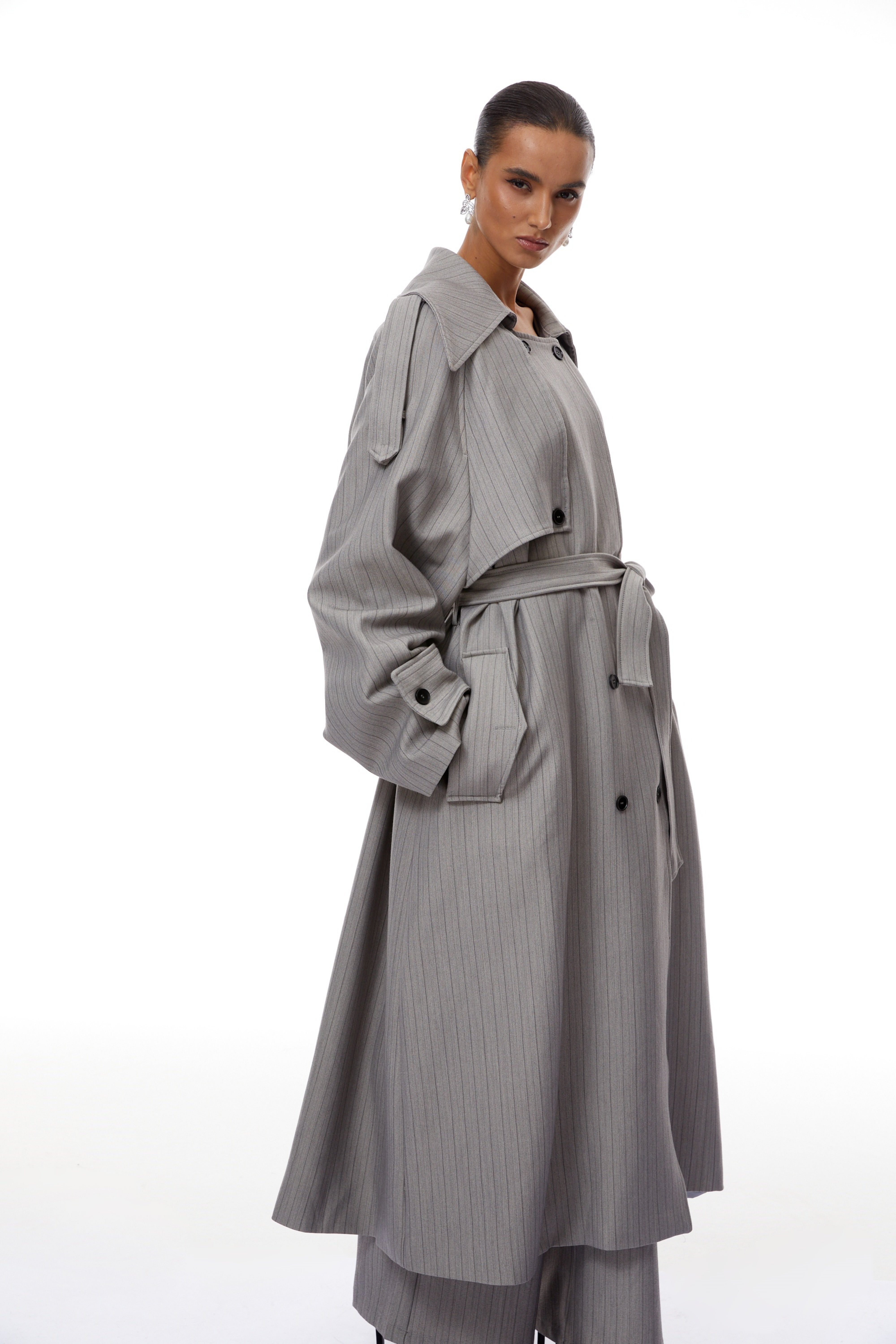 Clémence Grey Striped Trench Coat & Trousers Set (Final Sale)