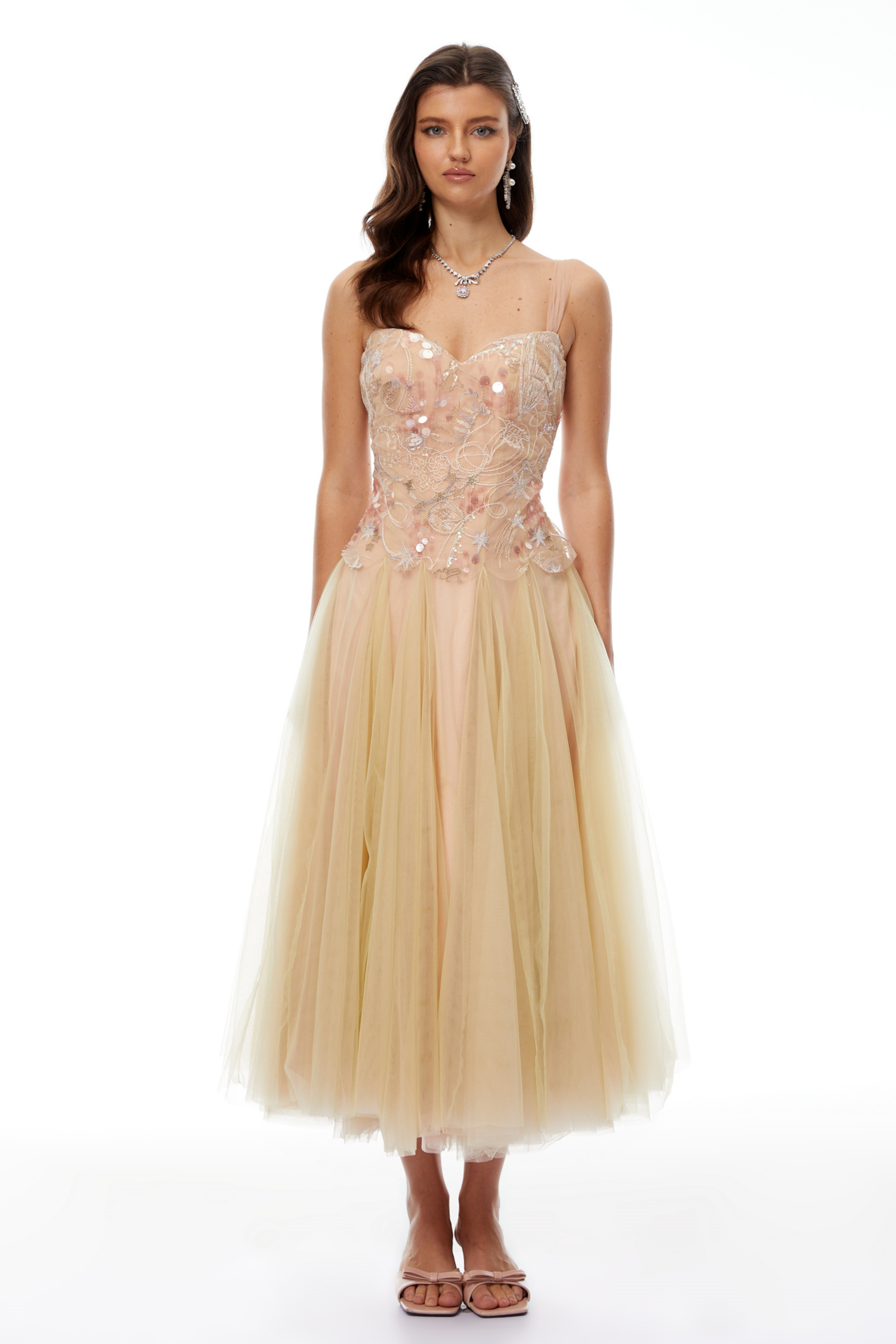 Remi Neutral Sequined Embroidered Tulle Midi Dress (Final Sale)