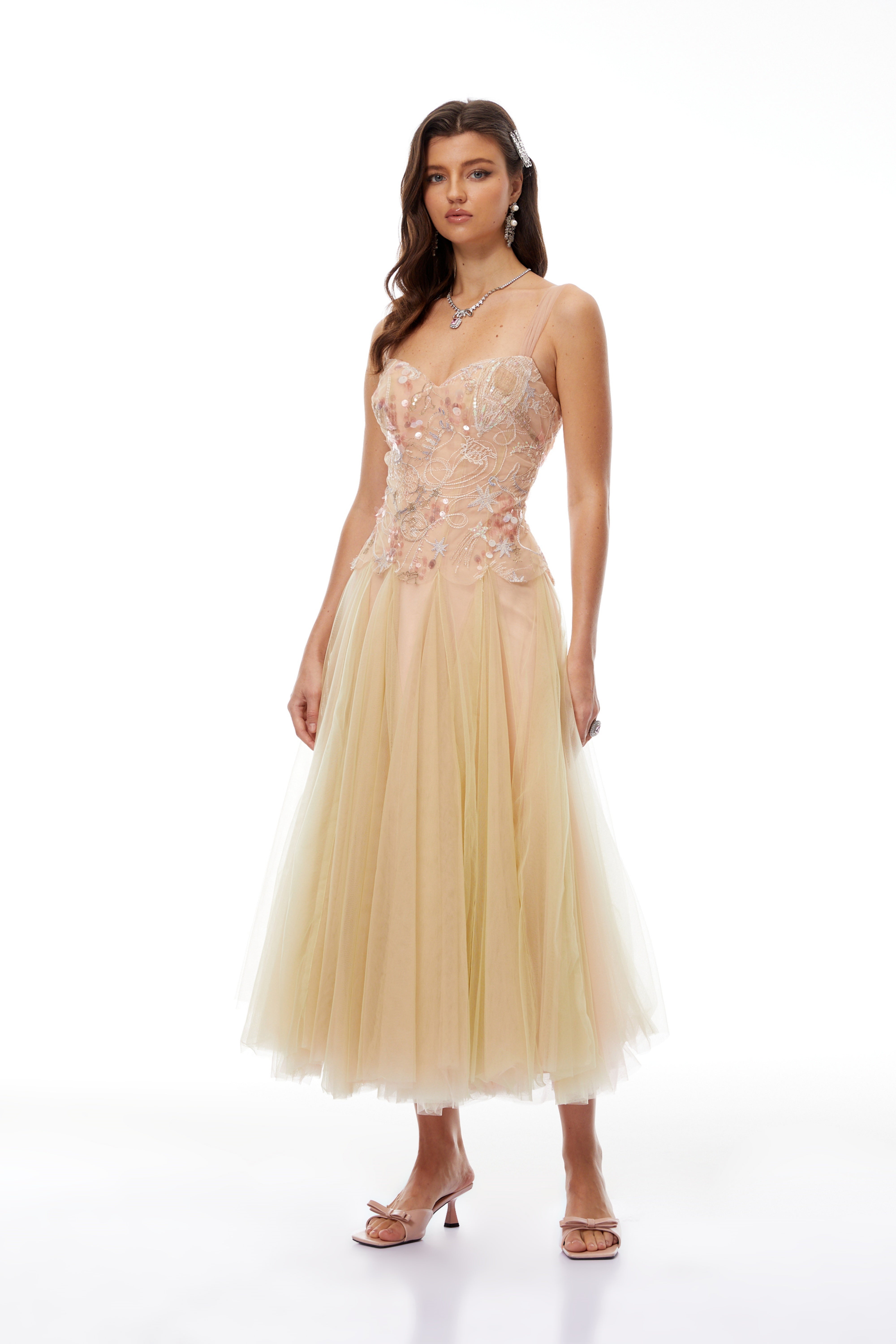 Remi Neutral Sequined Embroidered Tulle Midi Dress (Final Sale)