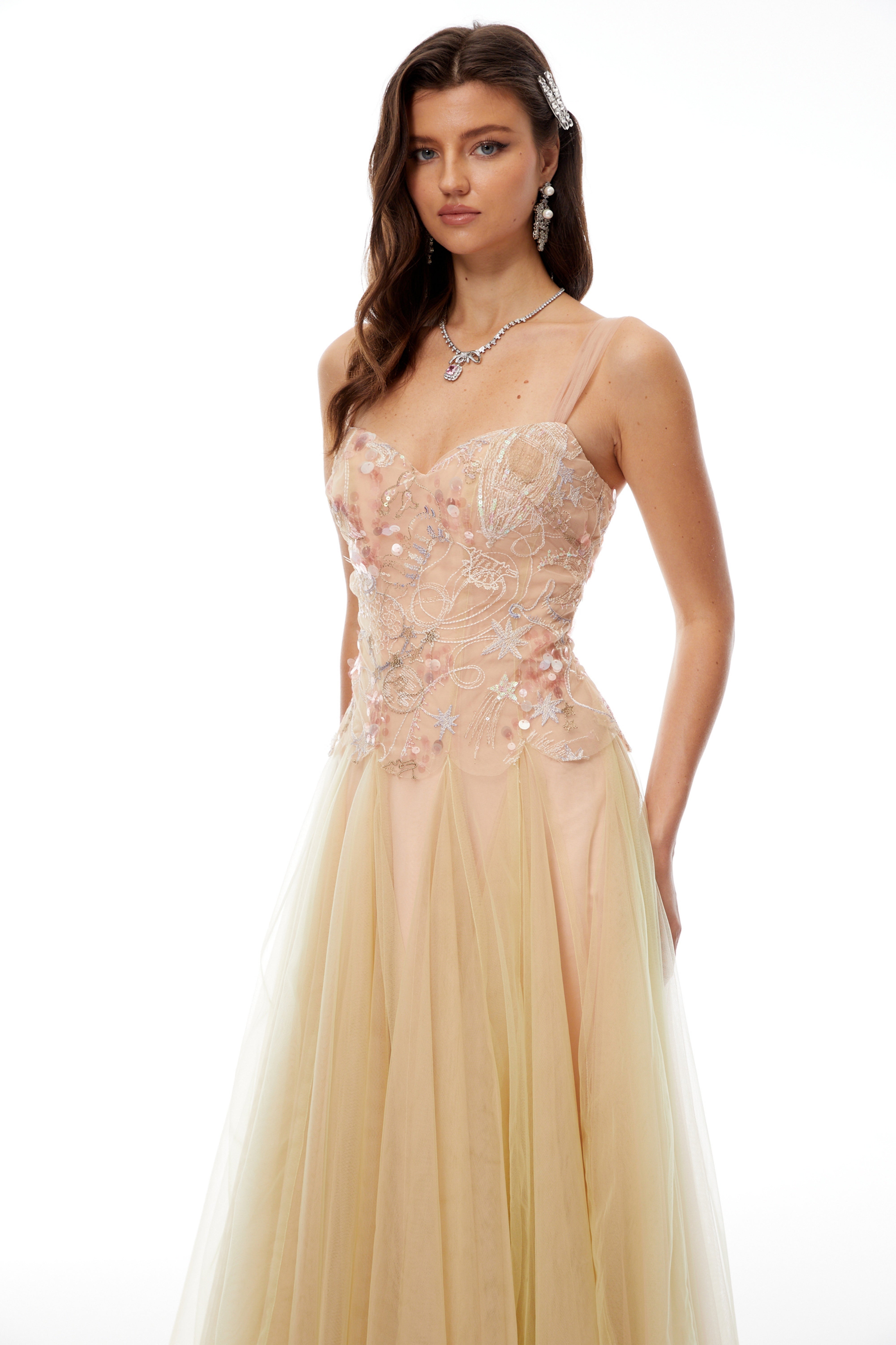 Remi Neutral Sequined Embroidered Tulle Midi Dress (Final Sale)