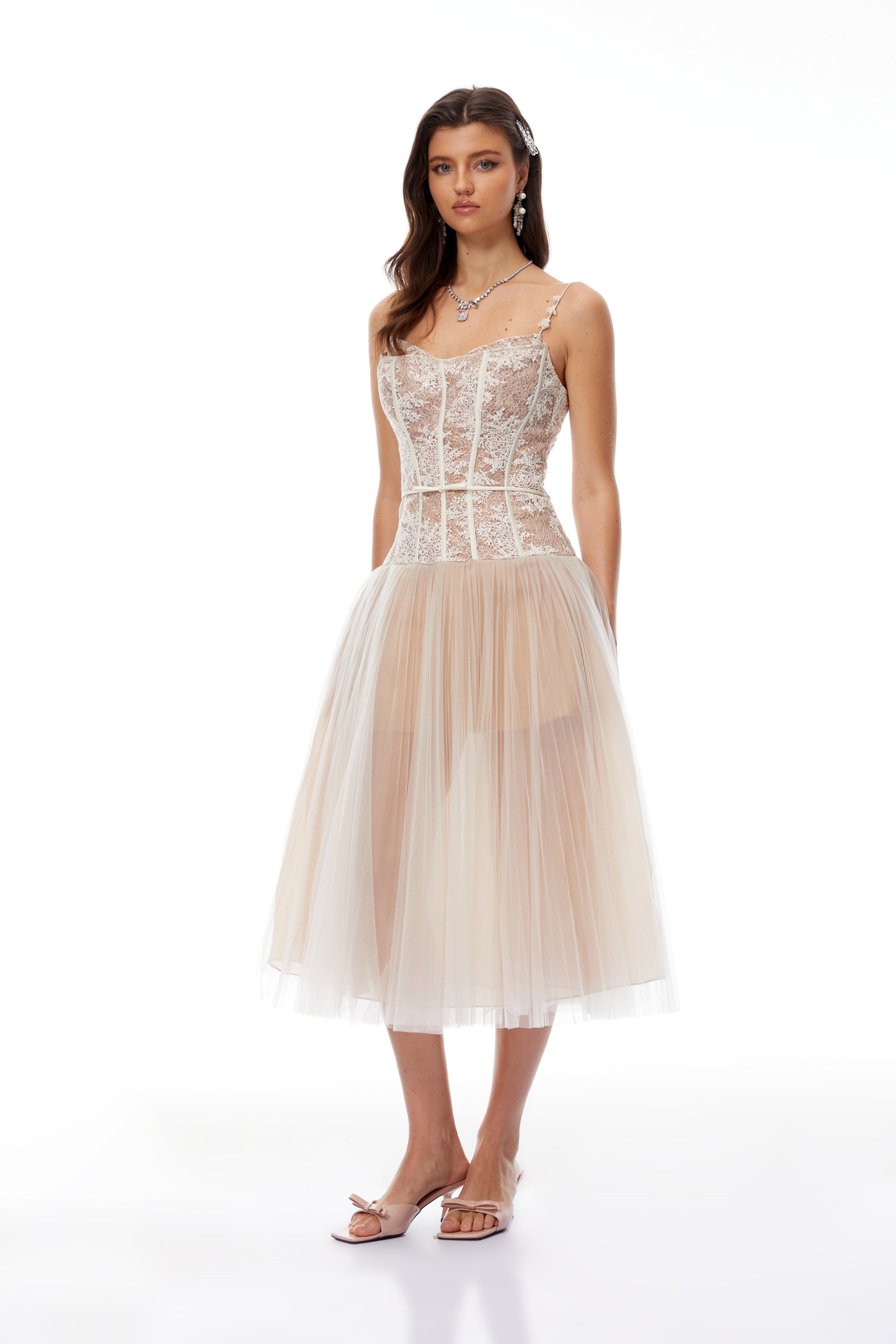 Mira Neutrals Lace Panel Tulle Midi Dress (Final Sale)