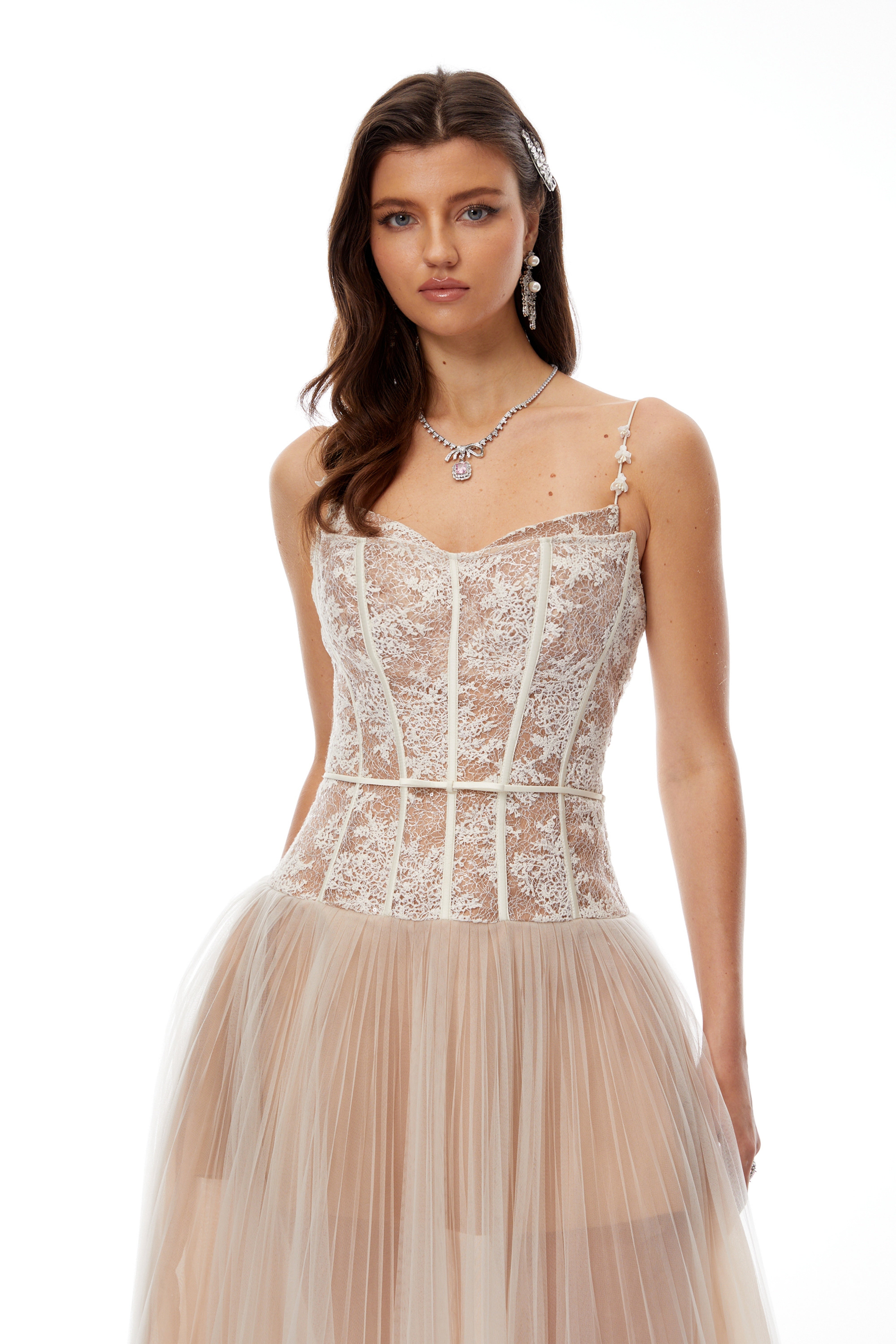 Mira Neutrals Lace Panel Tulle Midi Dress (Final Sale)