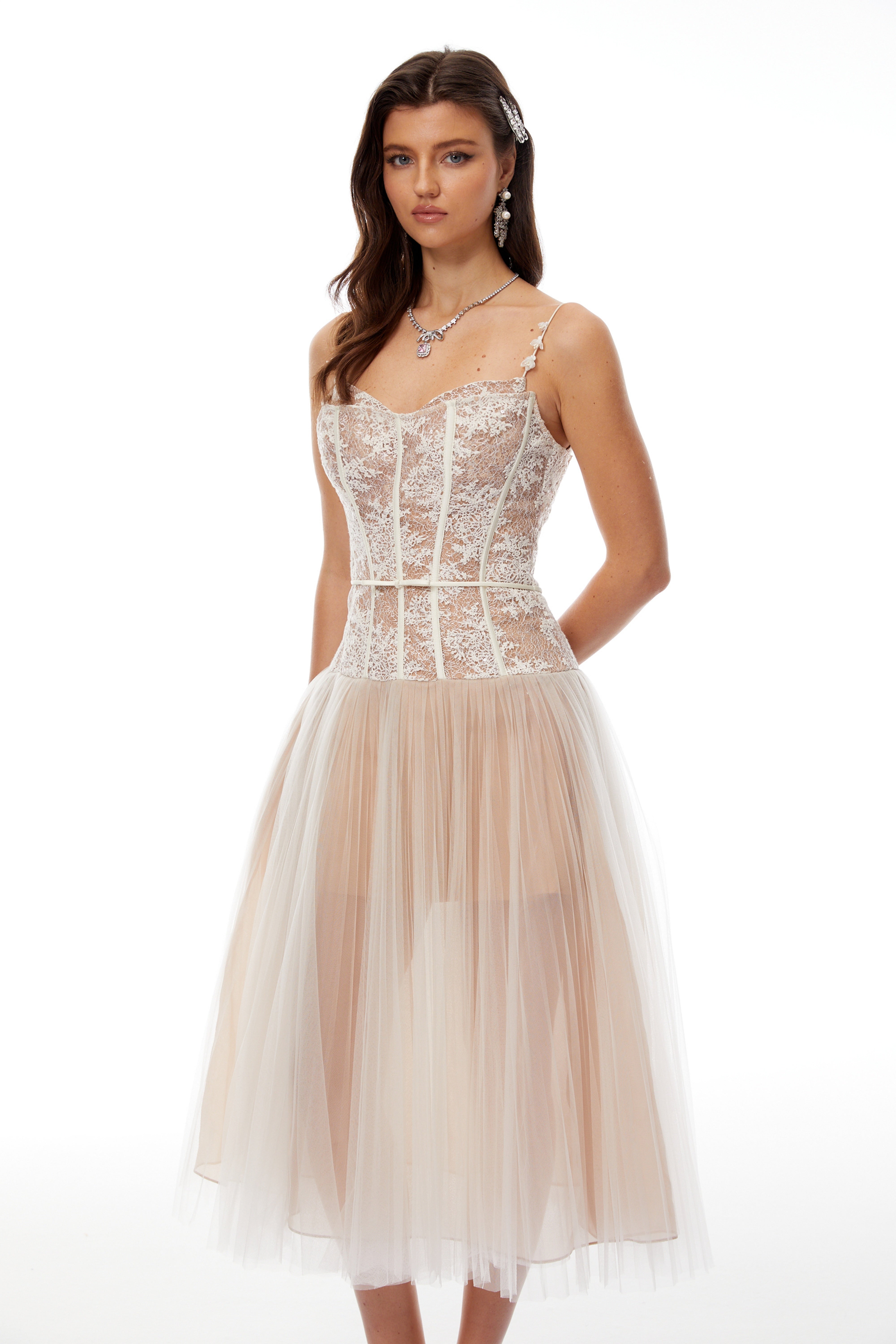 Mira Neutrals Lace Panel Tulle Midi Dress (Final Sale)