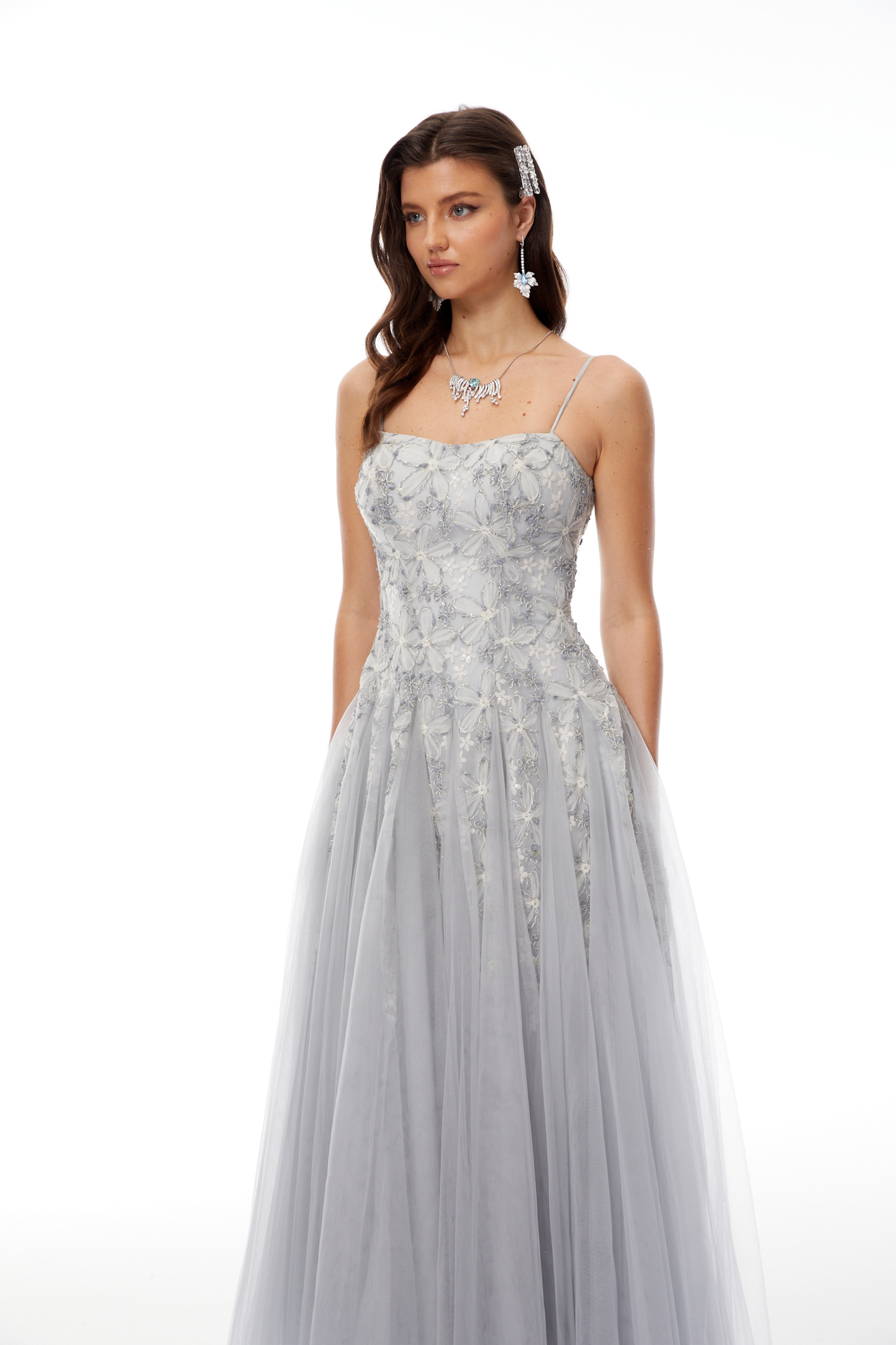 Adalynn Grey Floral Embroidered Tulle Maxi Dress (Final Sale)