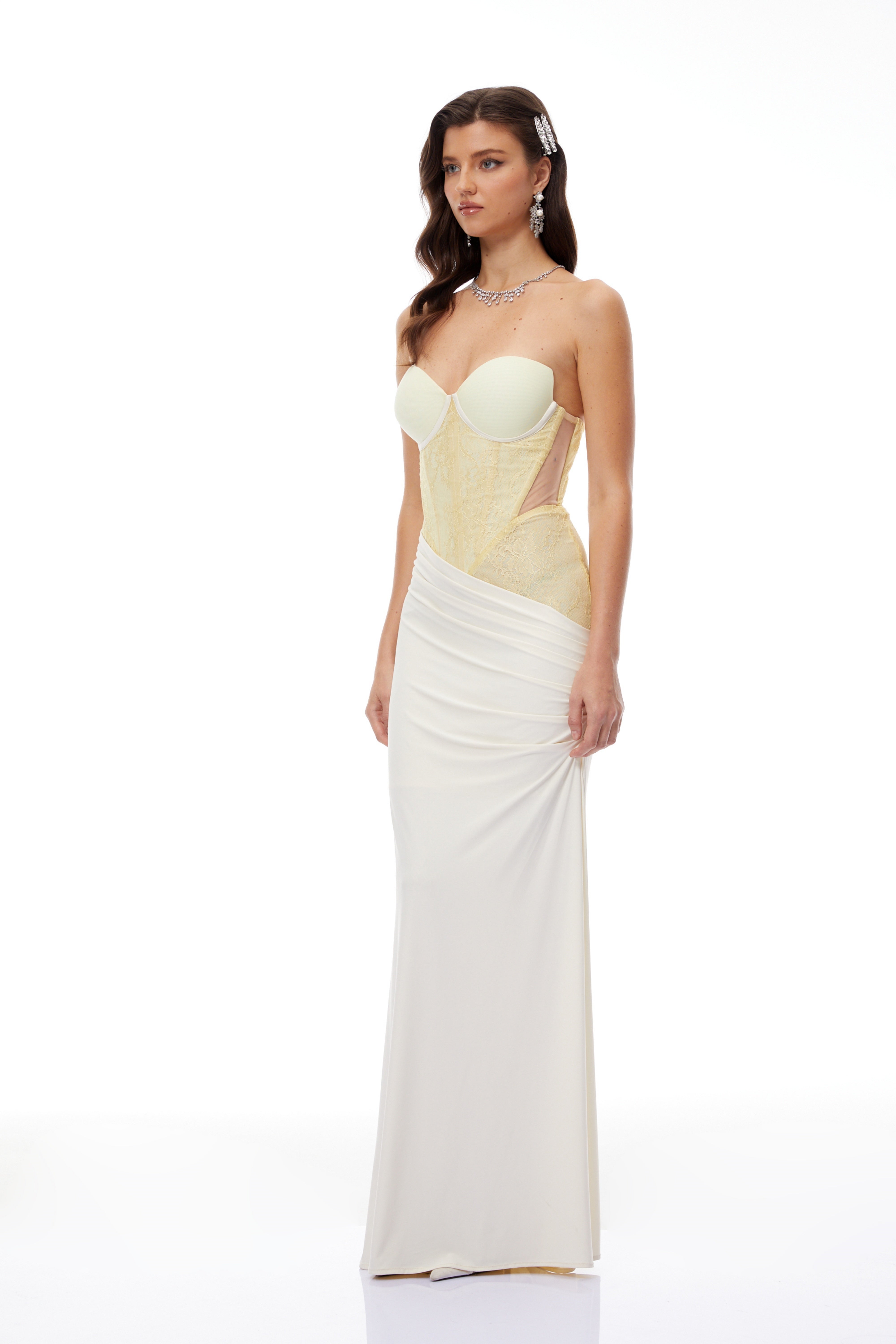 Beata Yellow Lace Corset Bodice Maxi Dress