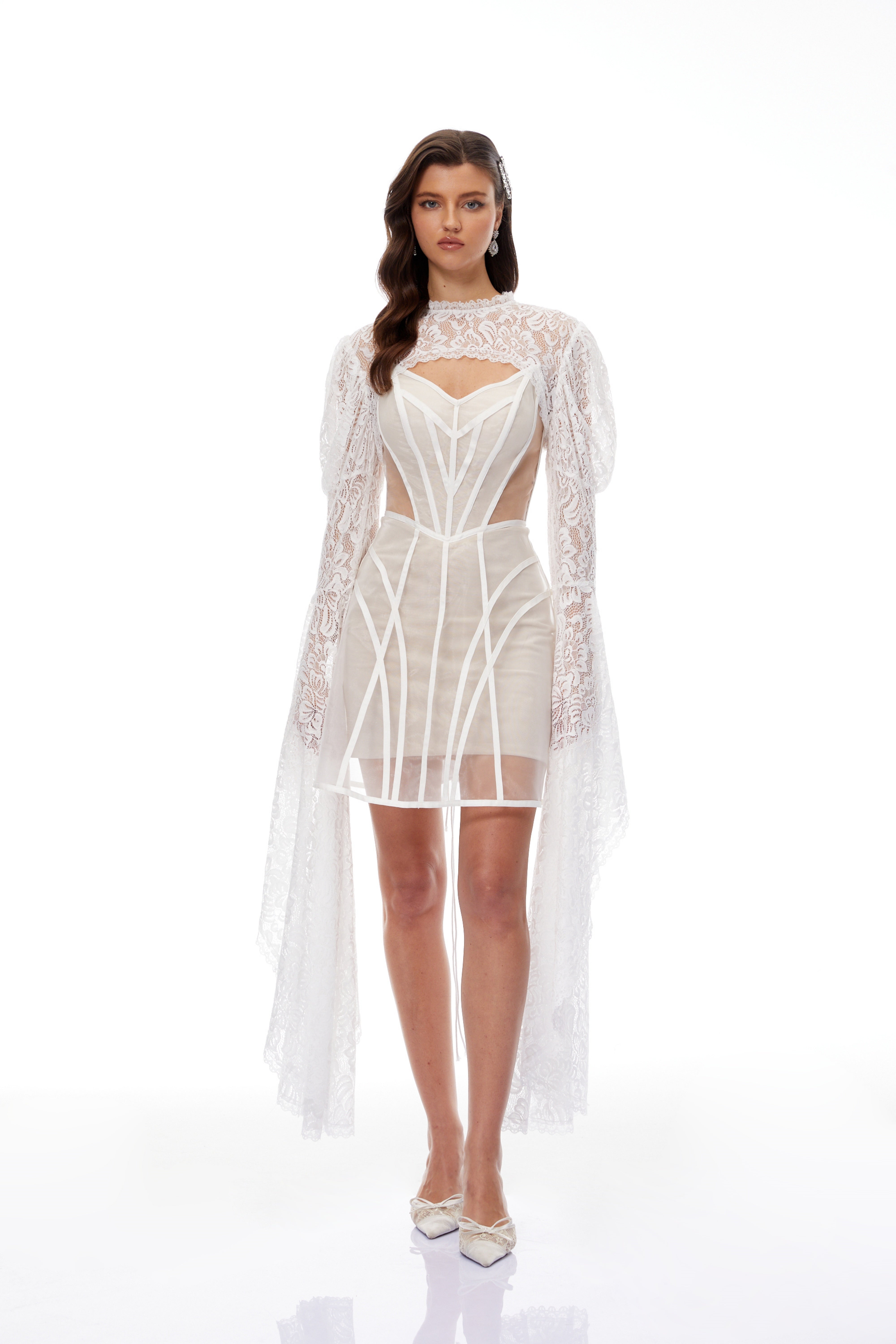 Ilaria White Lace Shrug & Linear Organza Dress Set (Final Sale)