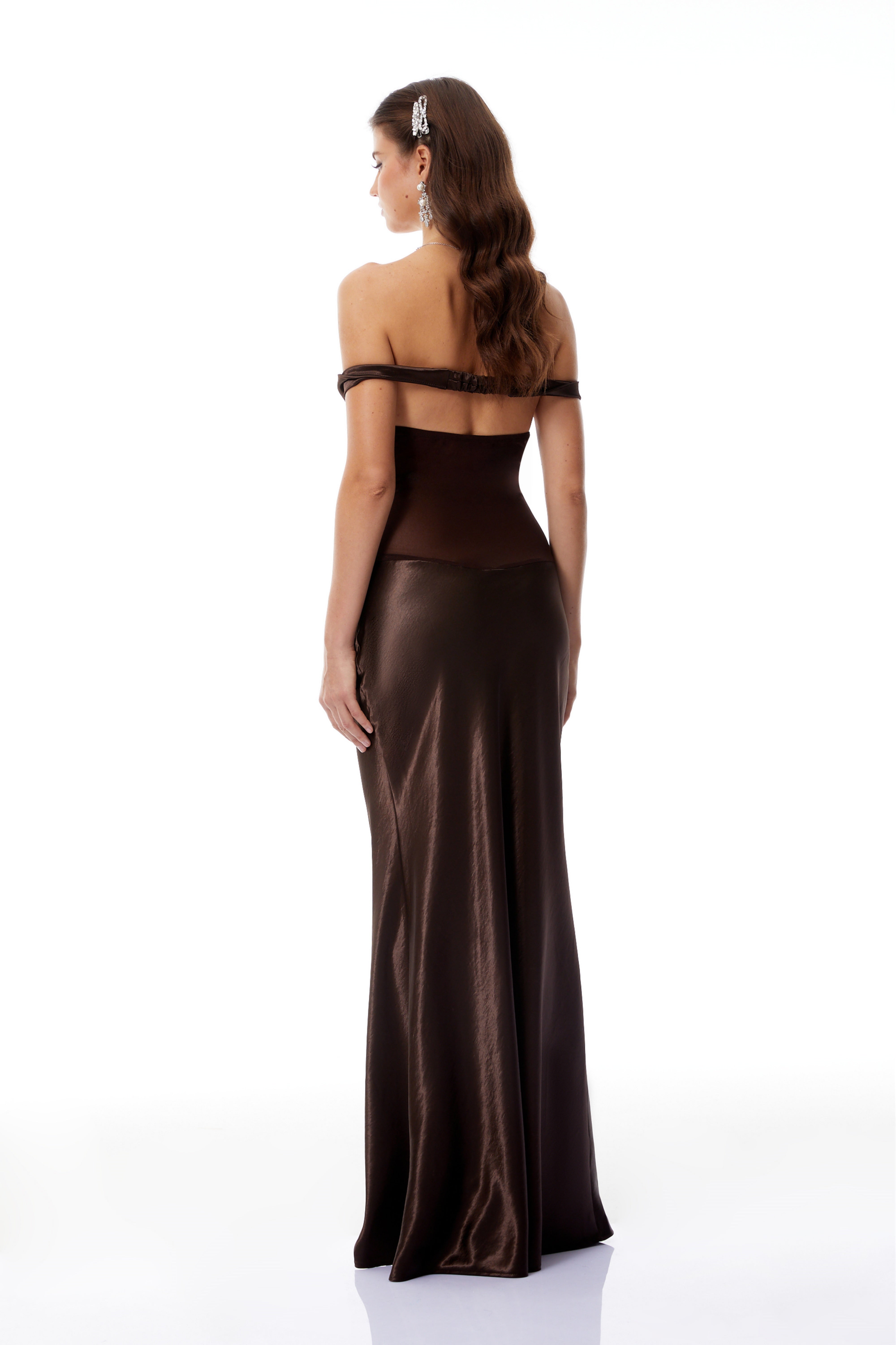 Gitta Brown Off Shoulder Satin Maxi Gown (Final Sale)