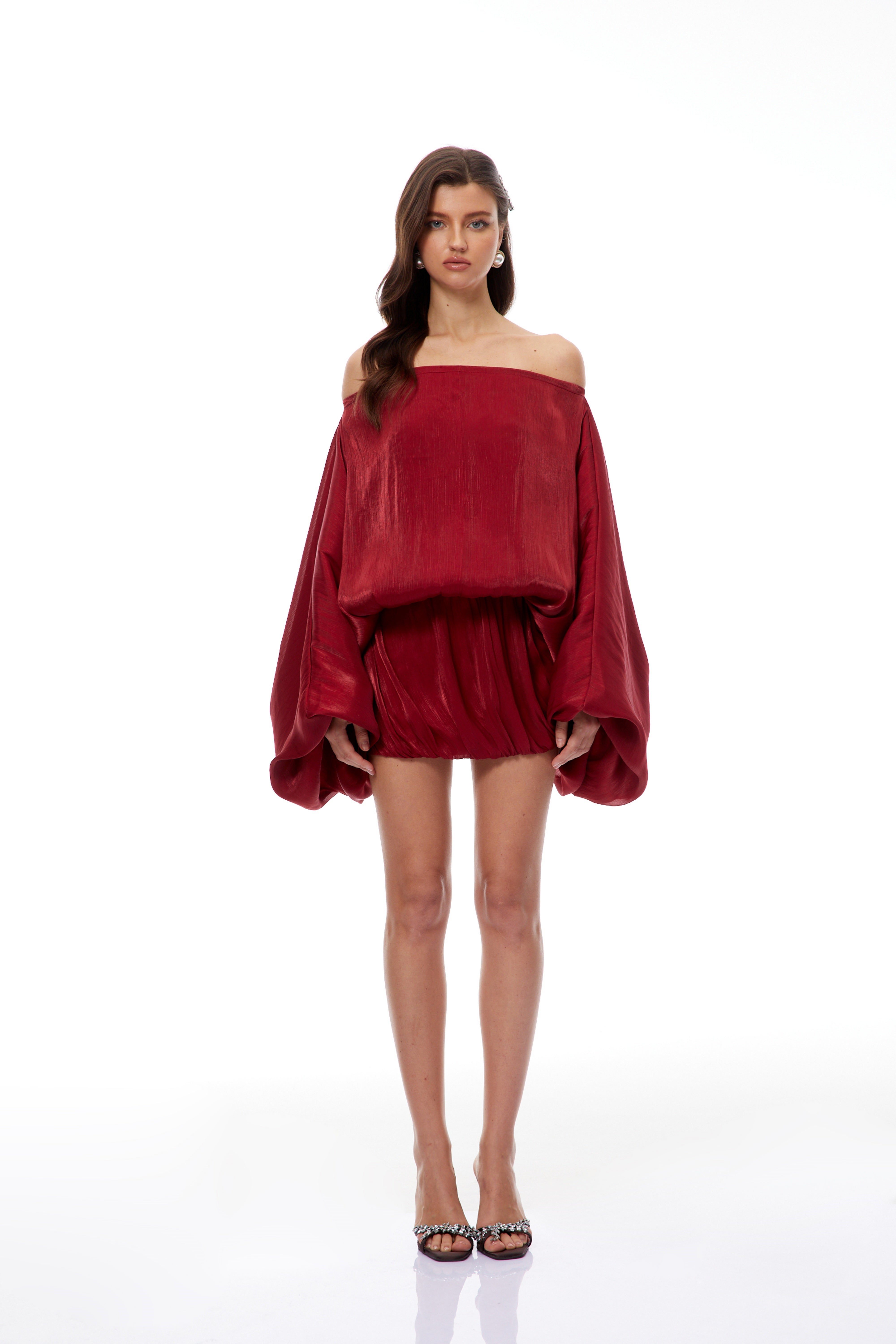 Patrizia Red Off Shoulder Glossy Mini Dress (Final Sale)