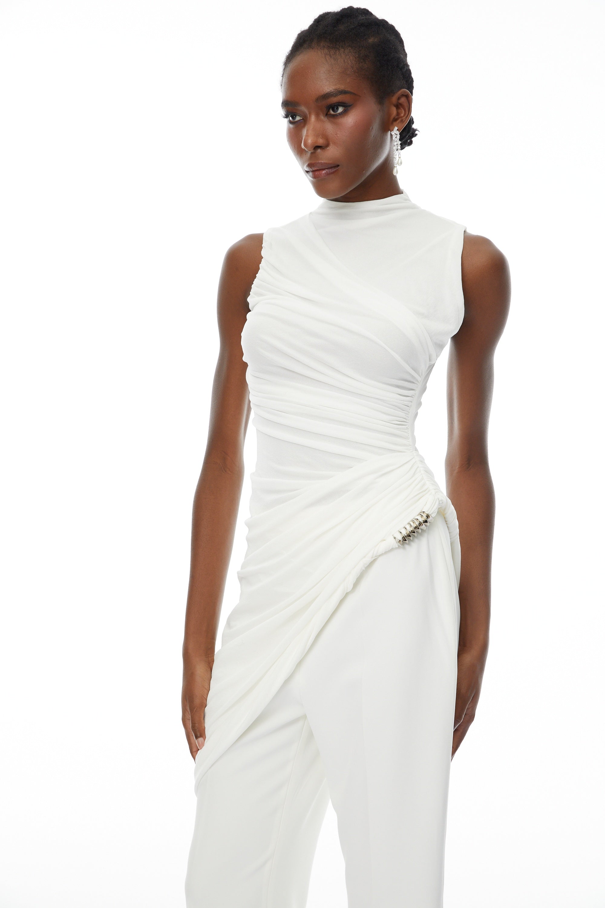 Camille White Asymmetrical Gathered Top & Trousers Set