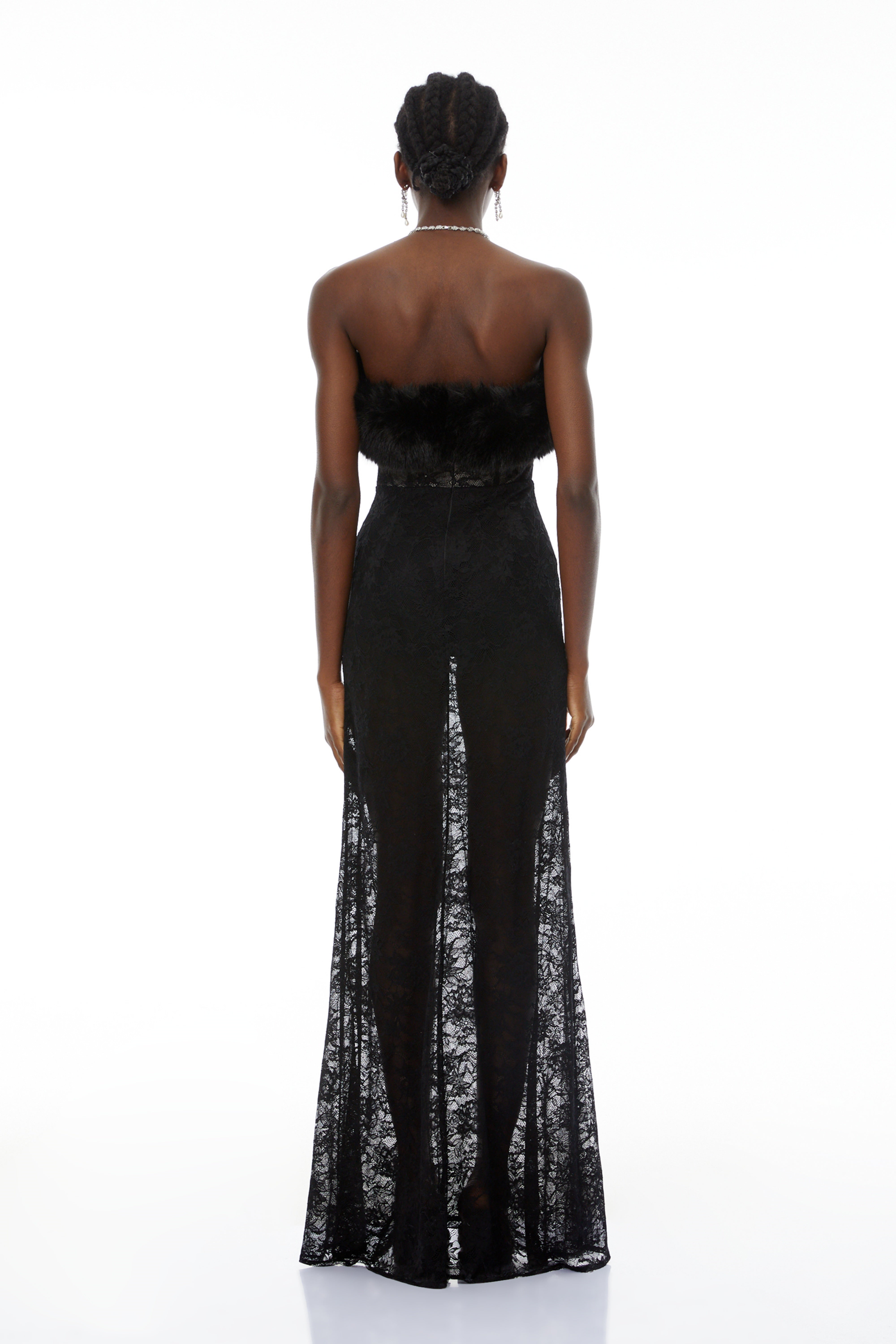 Tecla Black Lace Maxi Dress with Faux Fur Trim (Final Sale-US Only)
