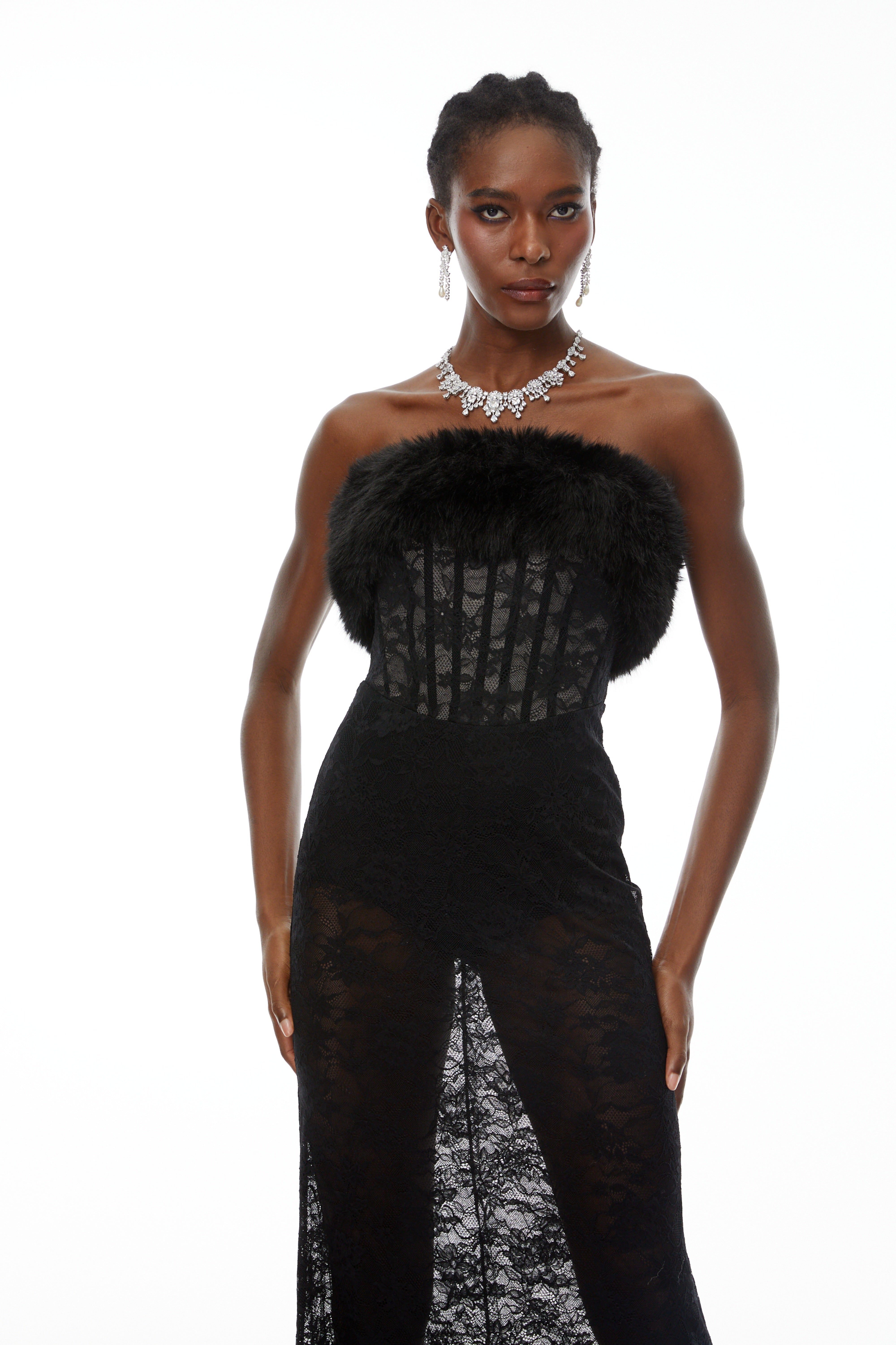 Tecla Black Lace Maxi Dress with Faux Fur Trim (Final Sale-US Only)
